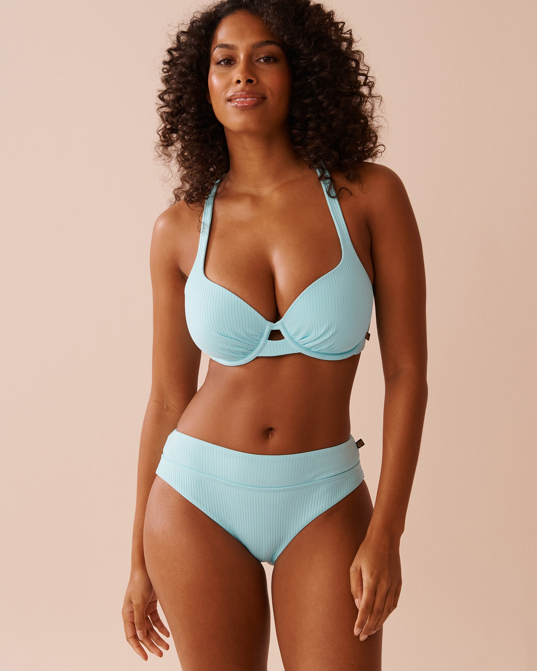 LA VIE EN ROSE AQUA Bas de bikini brésilien taille mi-haute texturé CYAN BLUE Bleu cyan 70300639 - Voir6