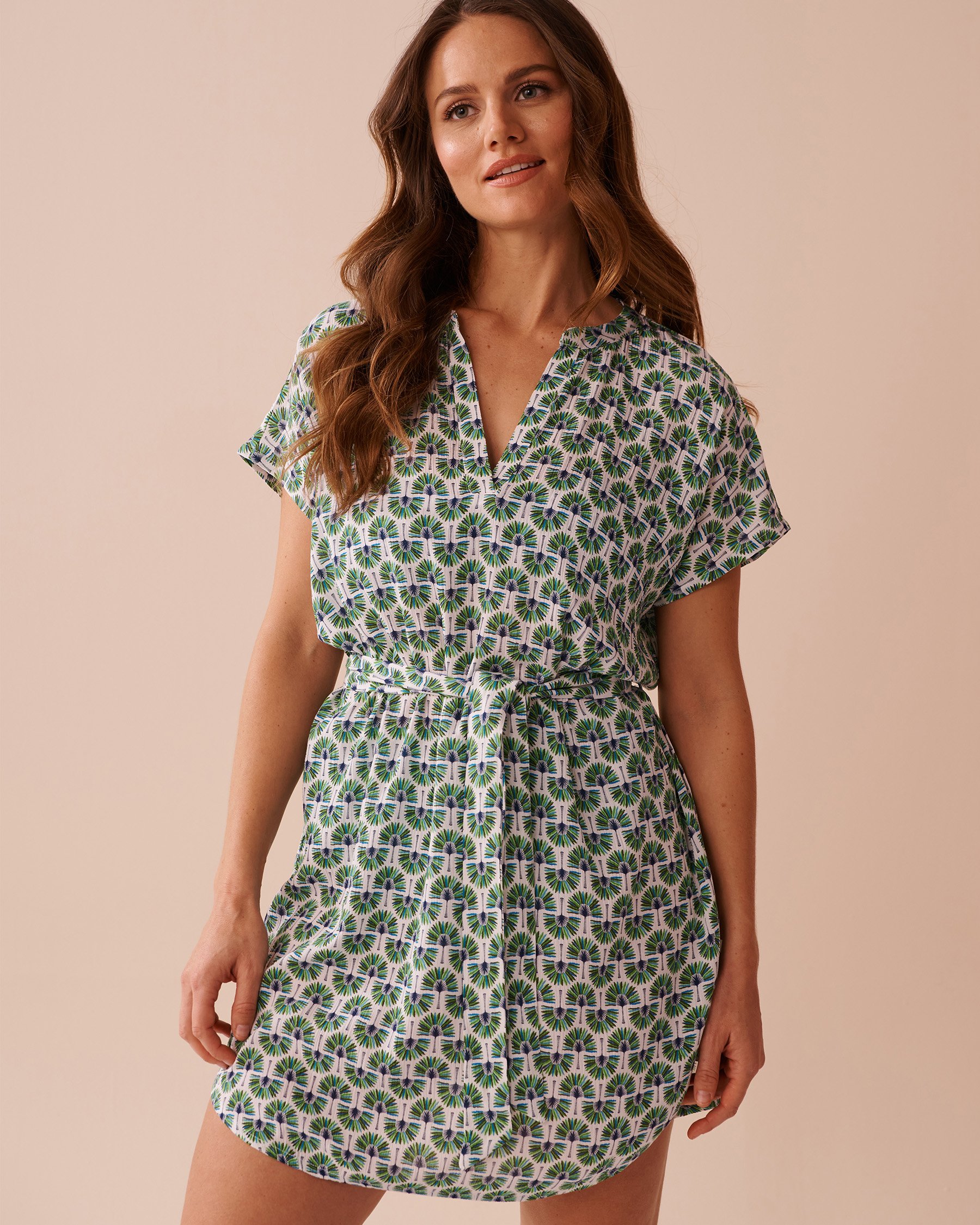 LA VIE EN ROSE AQUA Gauze Short Dress Geo Palm Tree 80300106 - View1