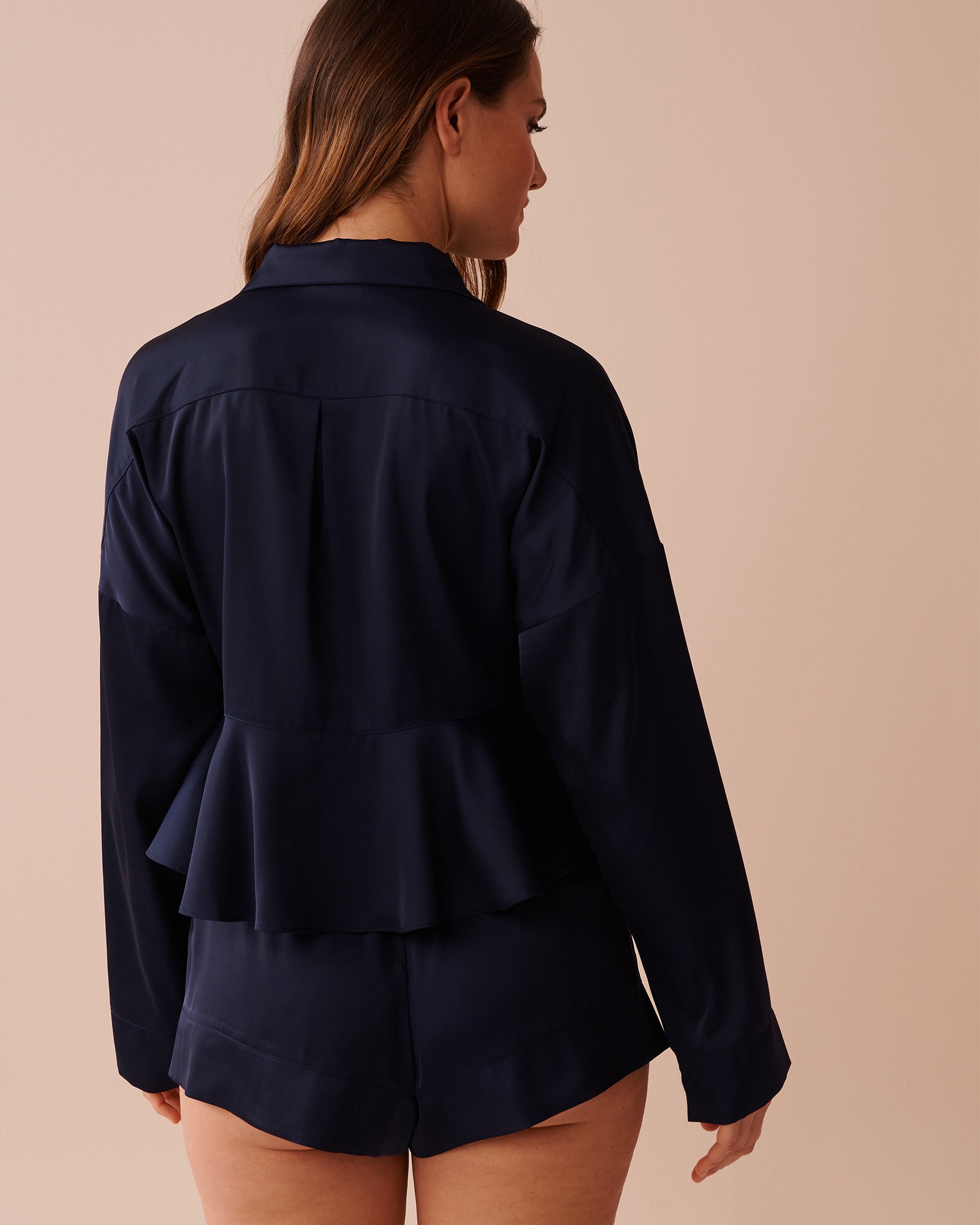 LA VIE EN ROSE Satin Flared Button-down Shirt Navy Blue 60100126 - View2