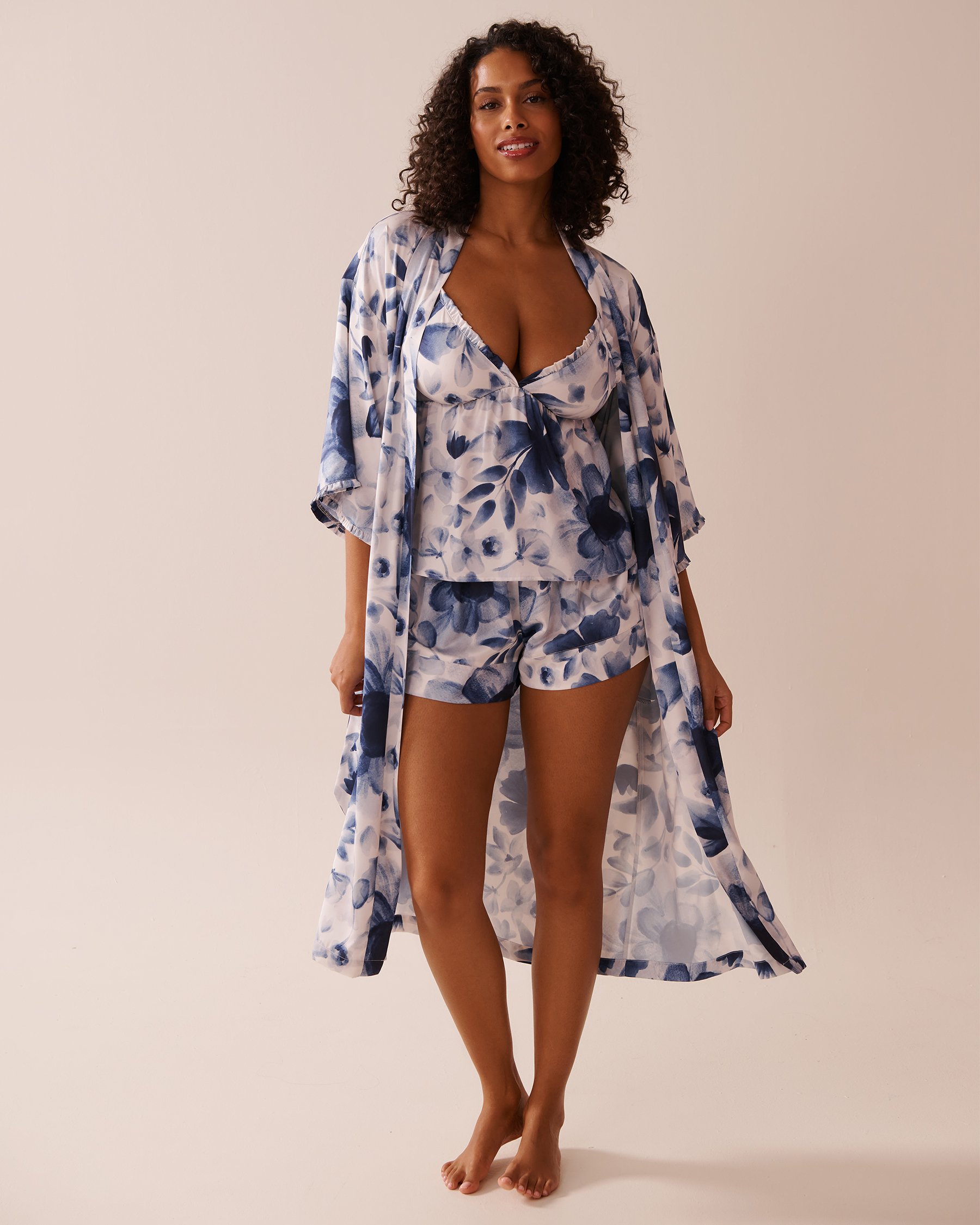 LA VIE EN ROSE Blue Floral Print Frill Detail Satin Kimono Night Garden 60600089 - View4