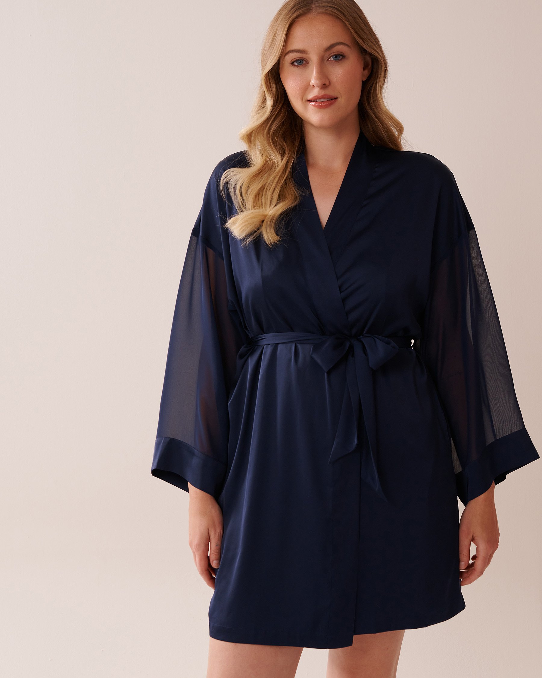LA VIE EN ROSE Chiffon and Satin Kimono Navy Blue 60600092 - View4