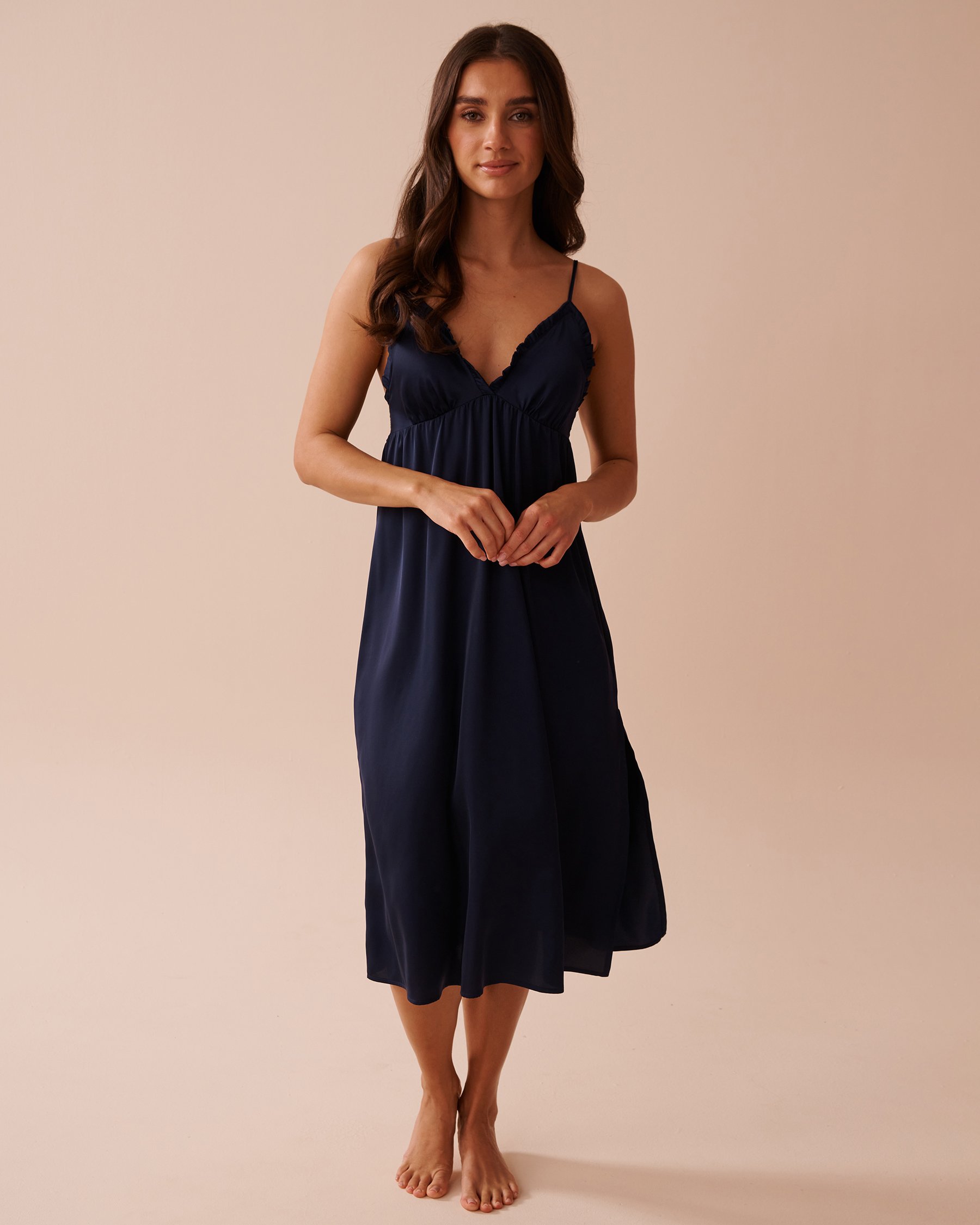 LA VIE EN ROSE Frill Detail Satin Nightie Navy Blue 60500176 - View1