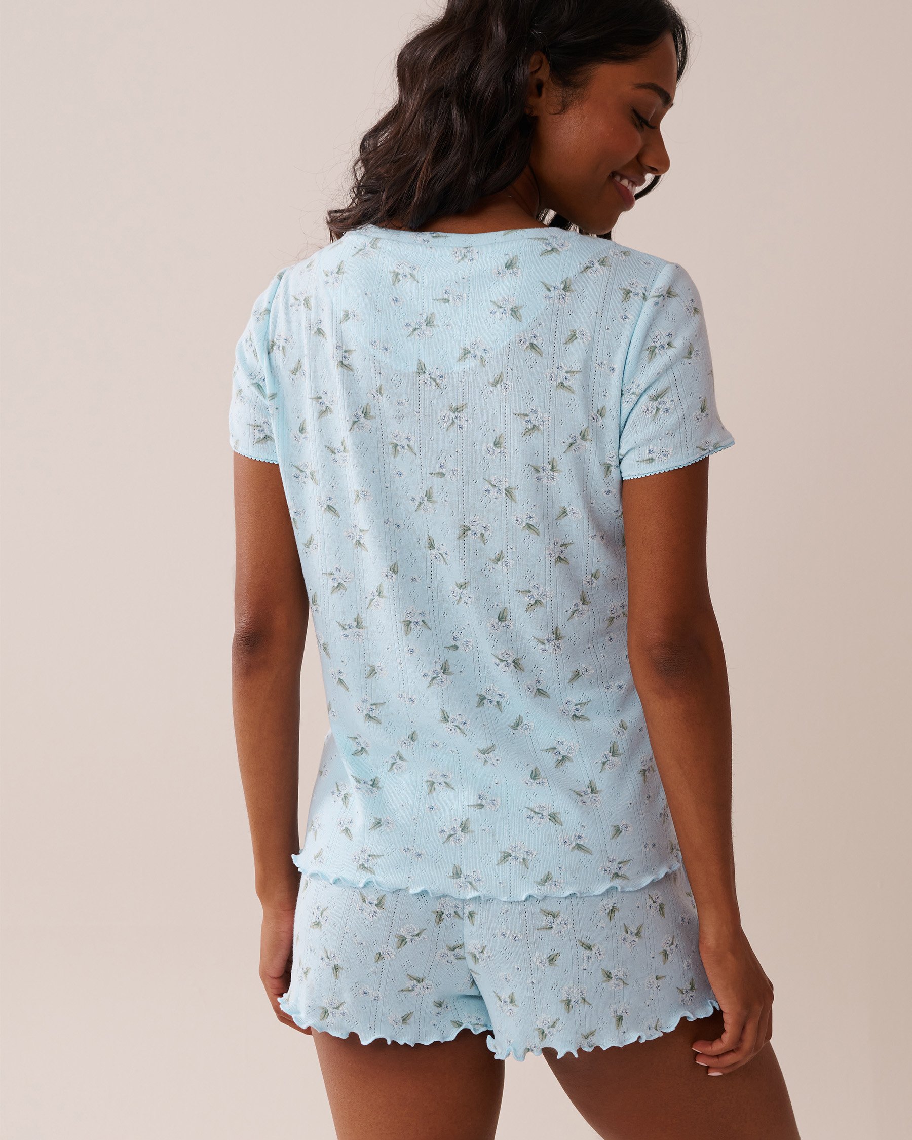 LA VIE EN ROSE Floral Print Lettuce Edge Pointelle T-shirt Blue/Hydrangeas 40100697 - View2