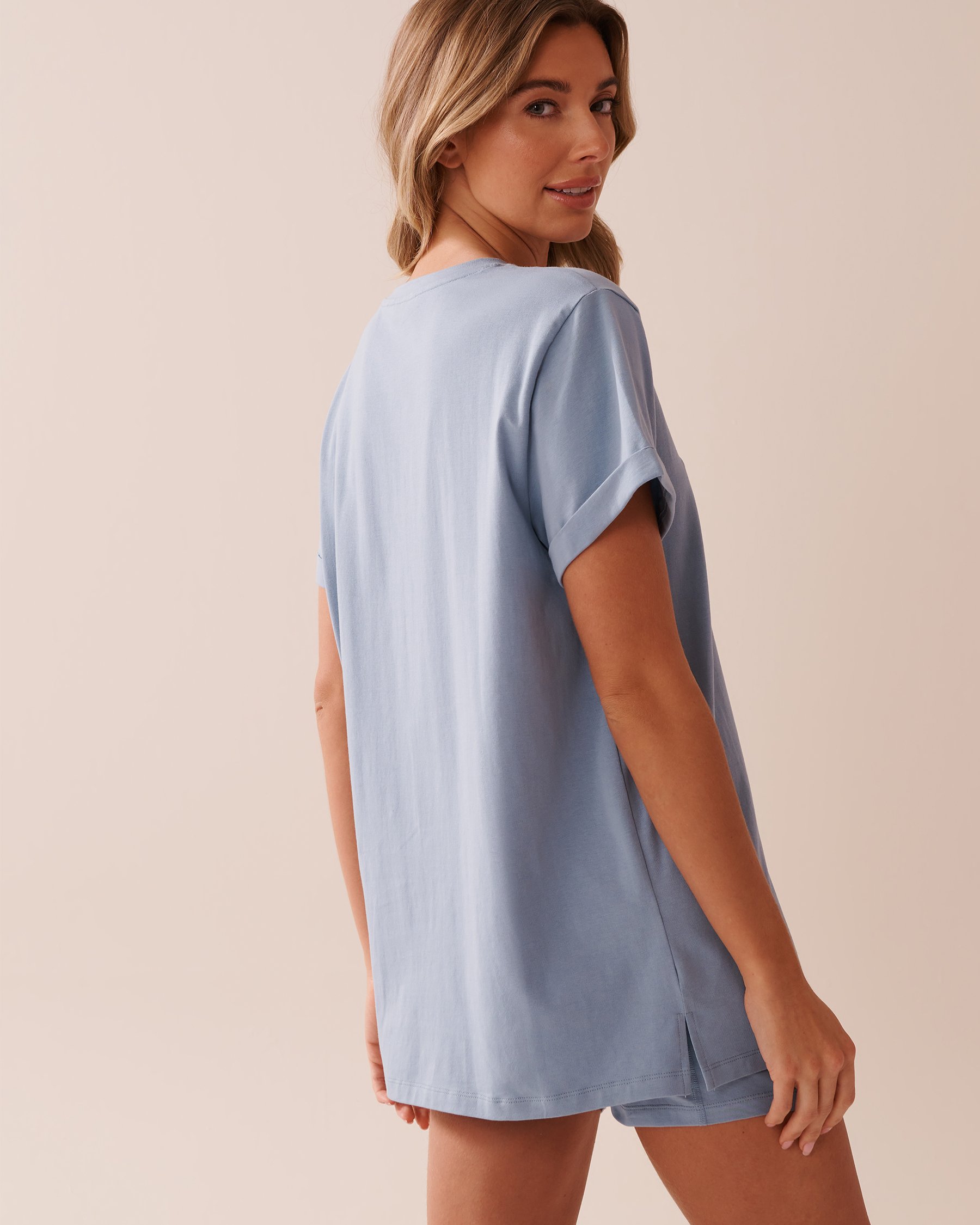 LA VIE EN ROSE Cotton T-shirt with Pocket Cloud Blue 40100698 - View2