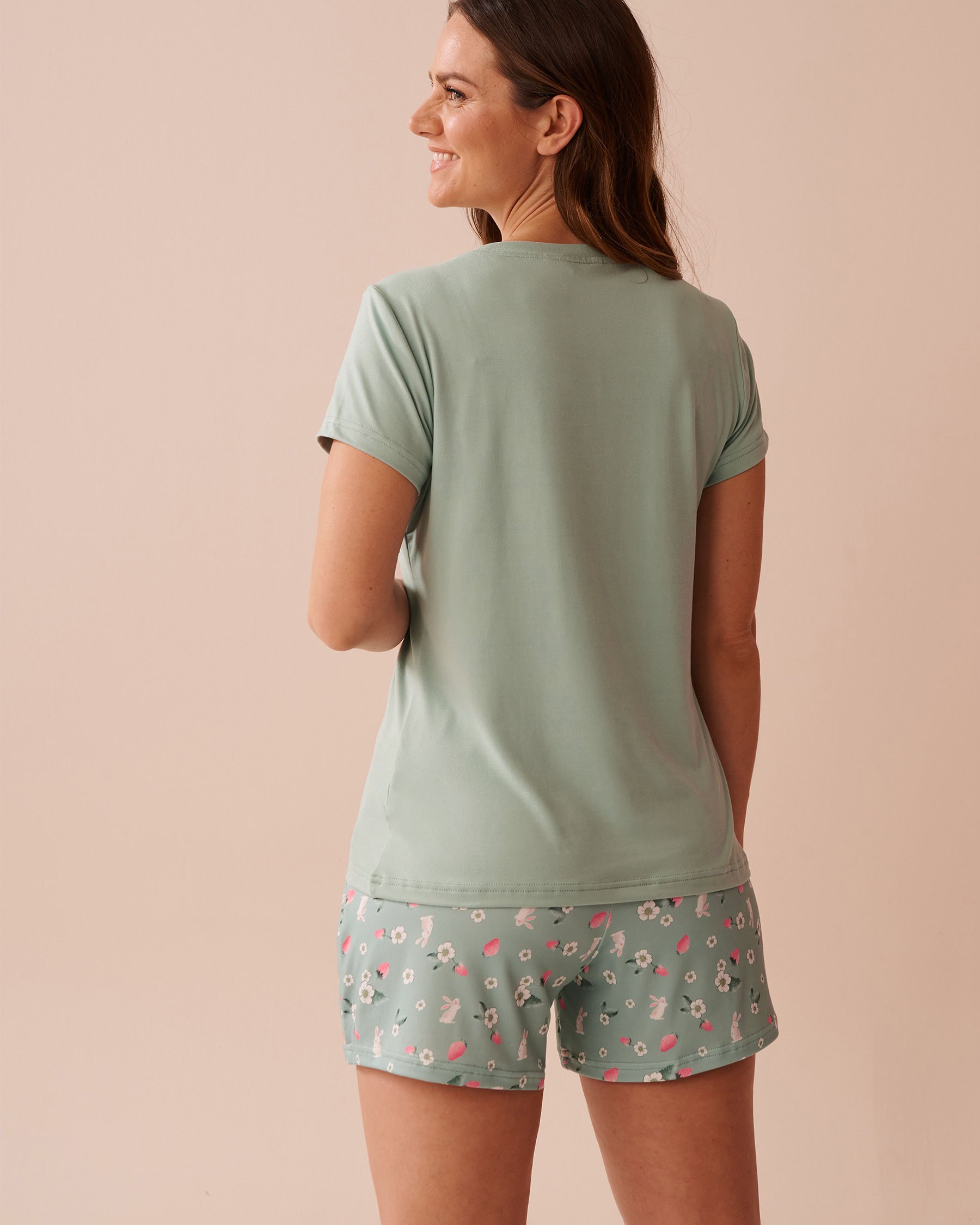 LA VIE EN ROSE Rabbit & Strawberry Print Super Soft T-shirt Sage Green 40100701 - View2