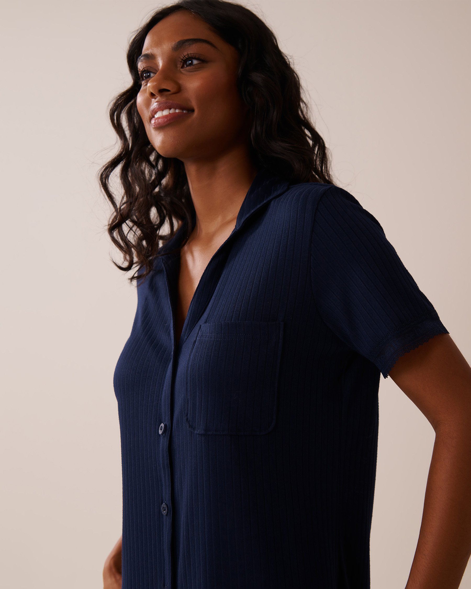 LA VIE EN ROSE Lace Trim Ribbed Jersey Button-down Shirt Navy Blue 40100704 - View3