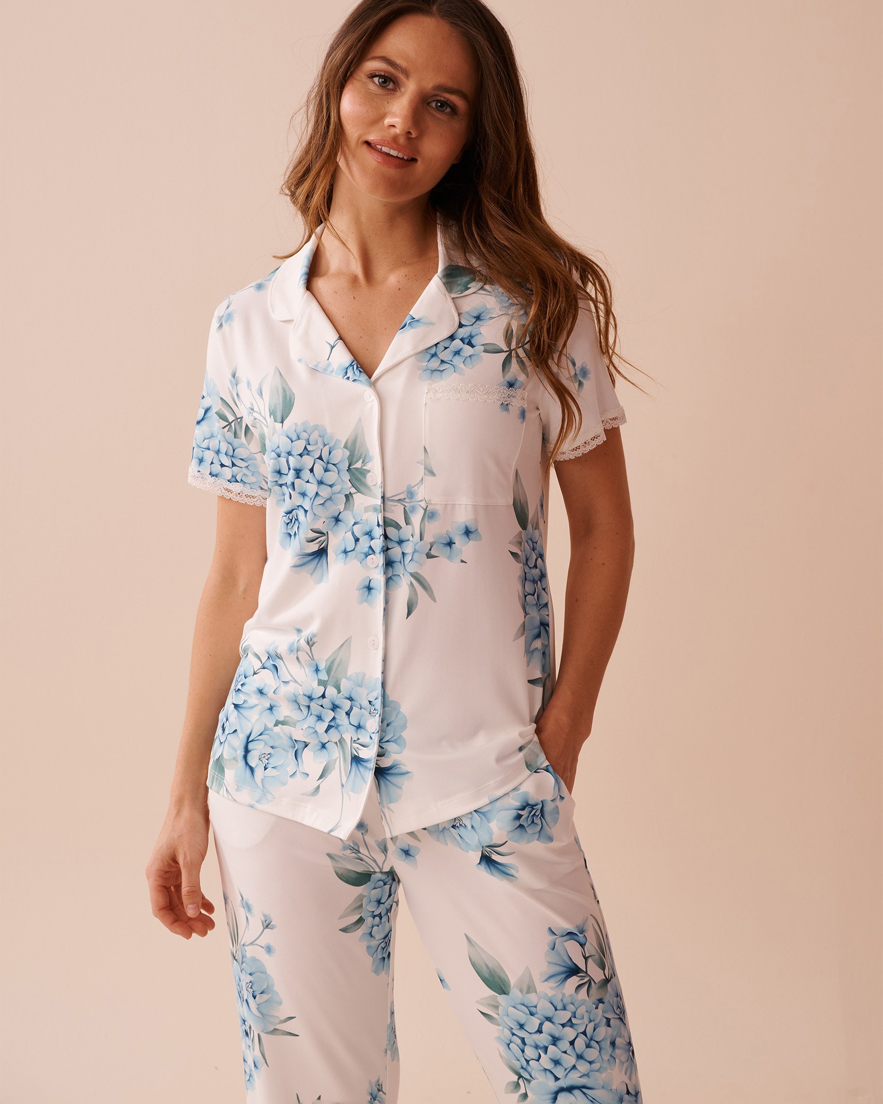 LA VIE EN ROSE Hydrangea Print Super Soft Button-down Shirt Blue Hydrangea Garden 40100706 - View1