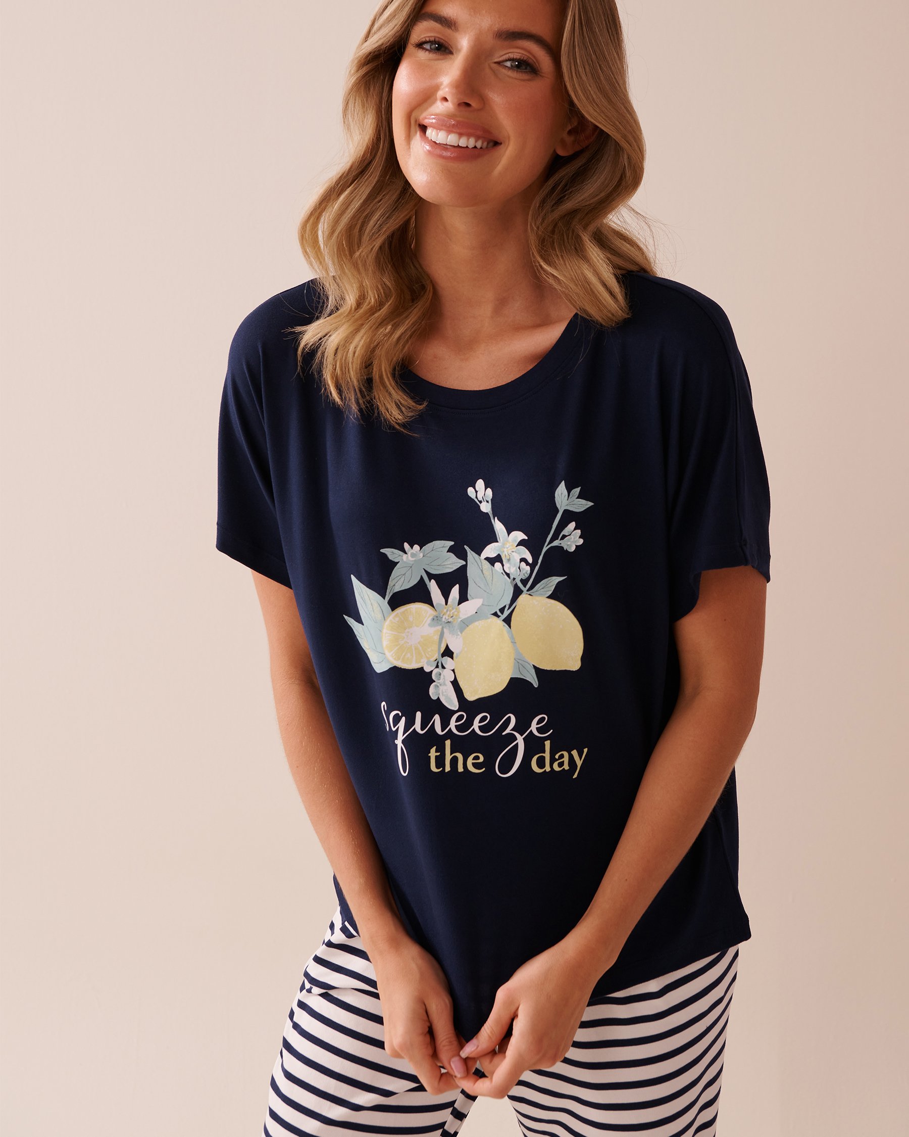 LA VIE EN ROSE Lemon Print Super Soft Loose Fit T-shirt Navy Blue 40100716 - View1