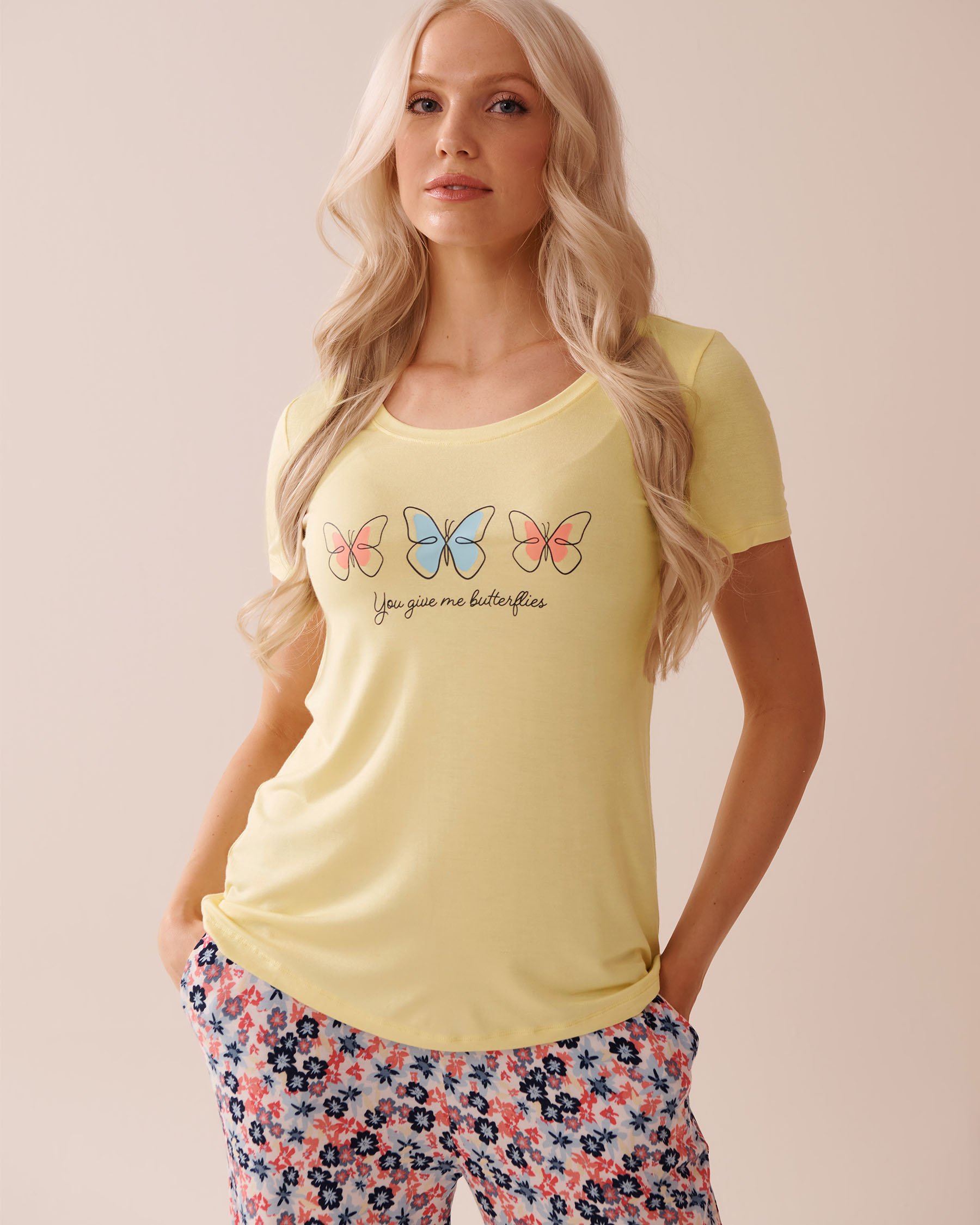 LA VIE EN ROSE Butterfly Print Soft Jersey Crew Neck T-shirt Lemon Yellow 40100719 - View1