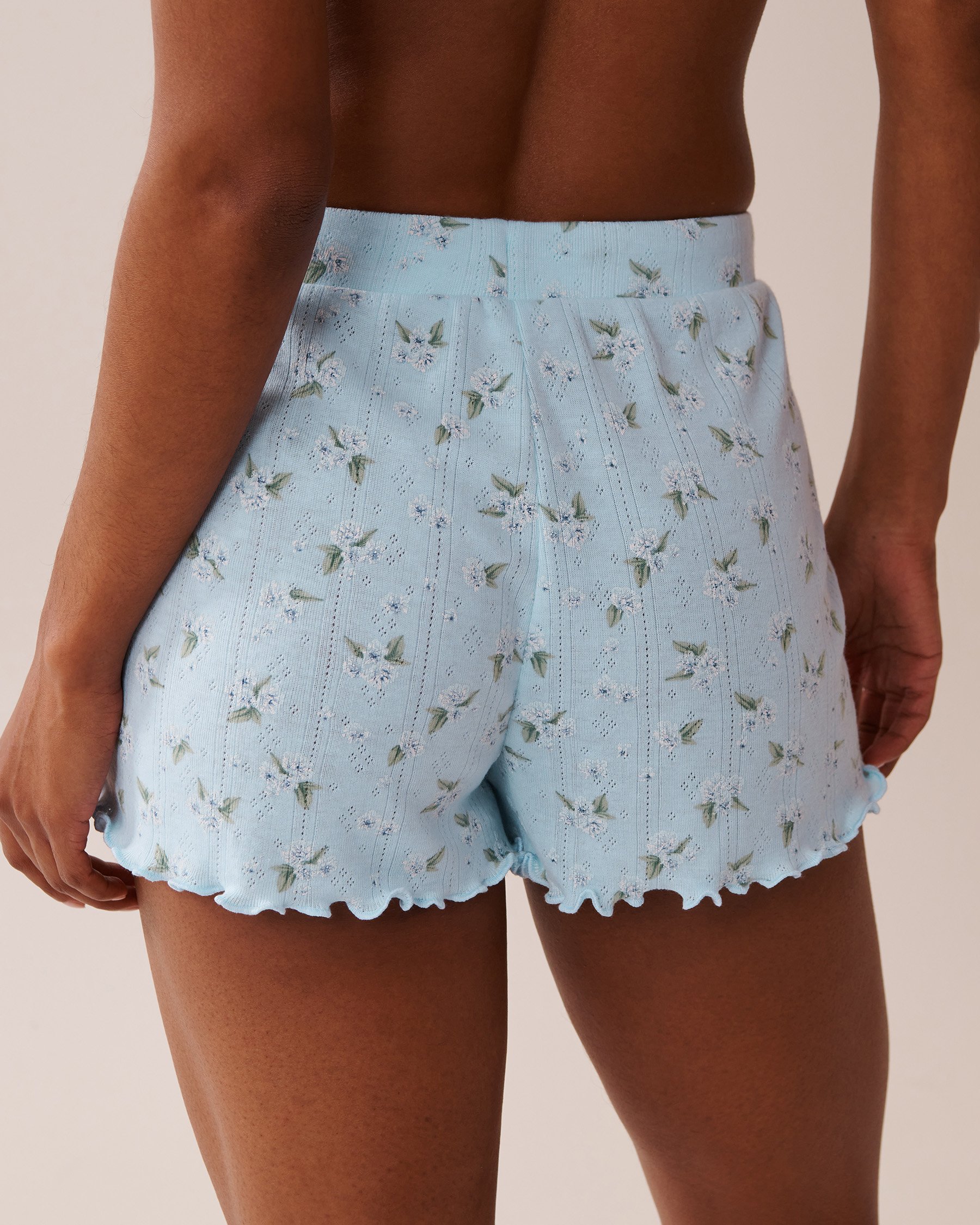 LA VIE EN ROSE Floral Print Lettuce Edge Pointelle Pajama Shorts Blue/Hydrangeas 40200686 - View2