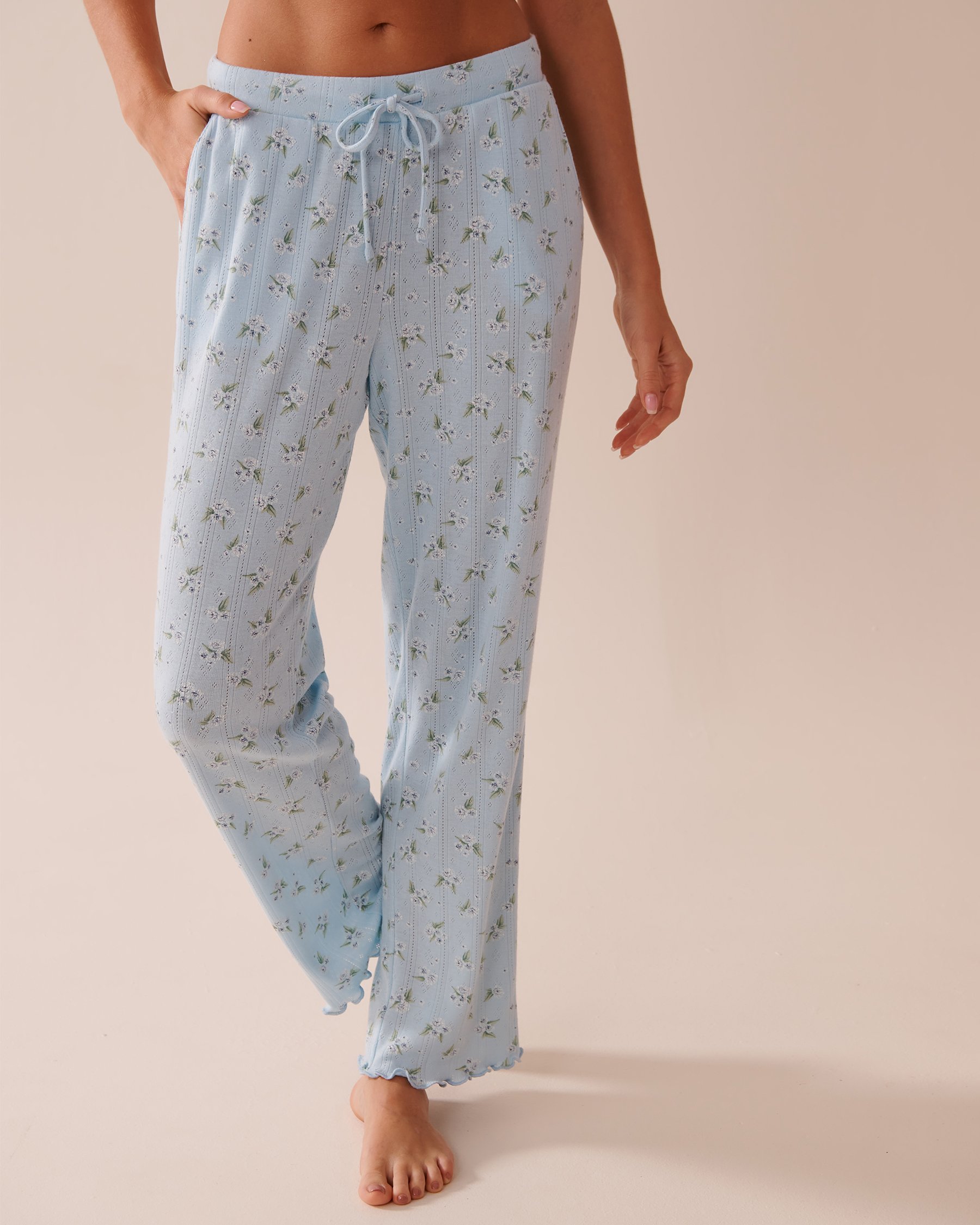 LA VIE EN ROSE Floral Print Lettuce Edge Pointelle Pajama Pants Blue/Hydrangeas 40200687 - View2