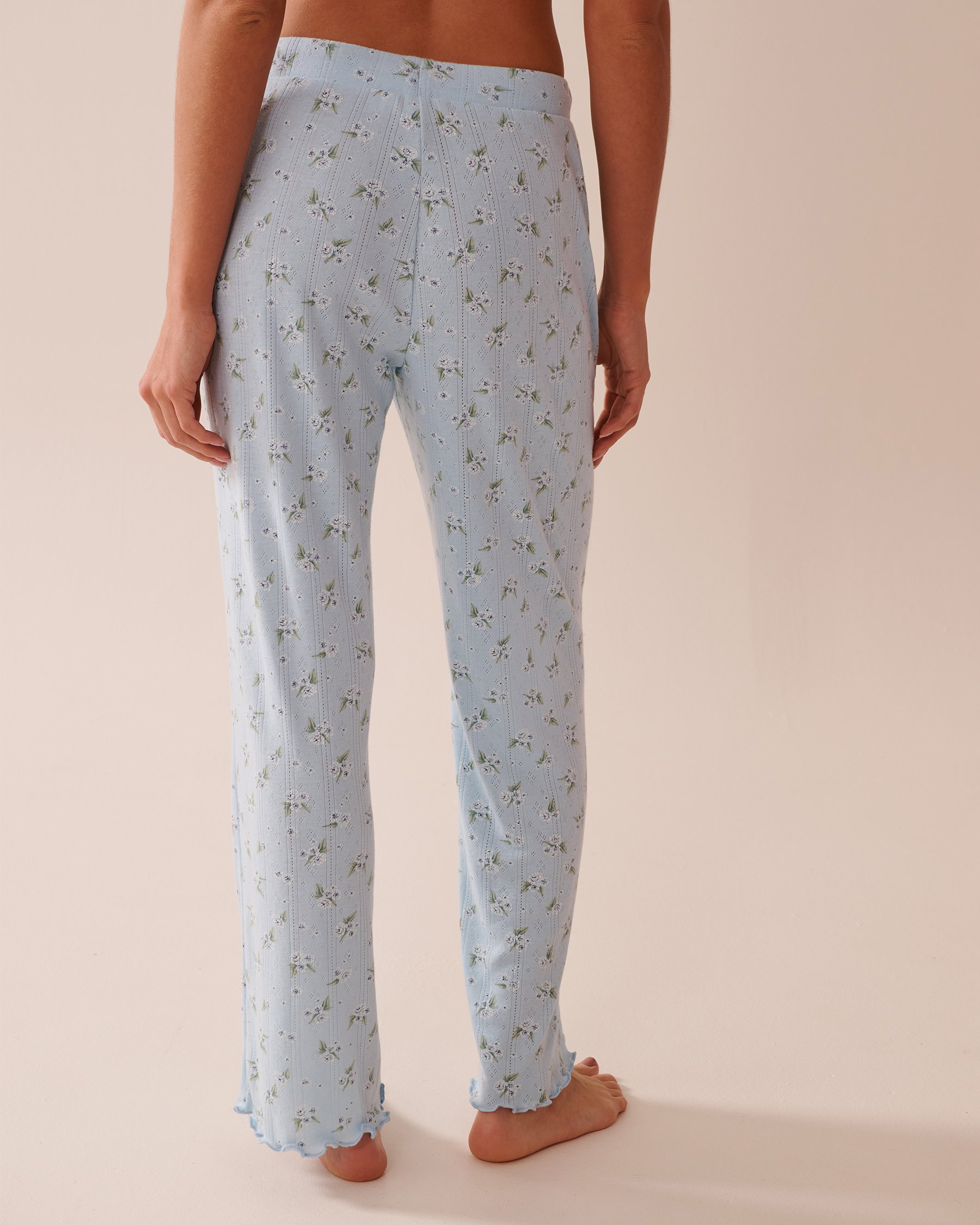 LA VIE EN ROSE Floral Print Lettuce Edge Pointelle Pajama Pants Blue/Hydrangeas 40200687 - View3