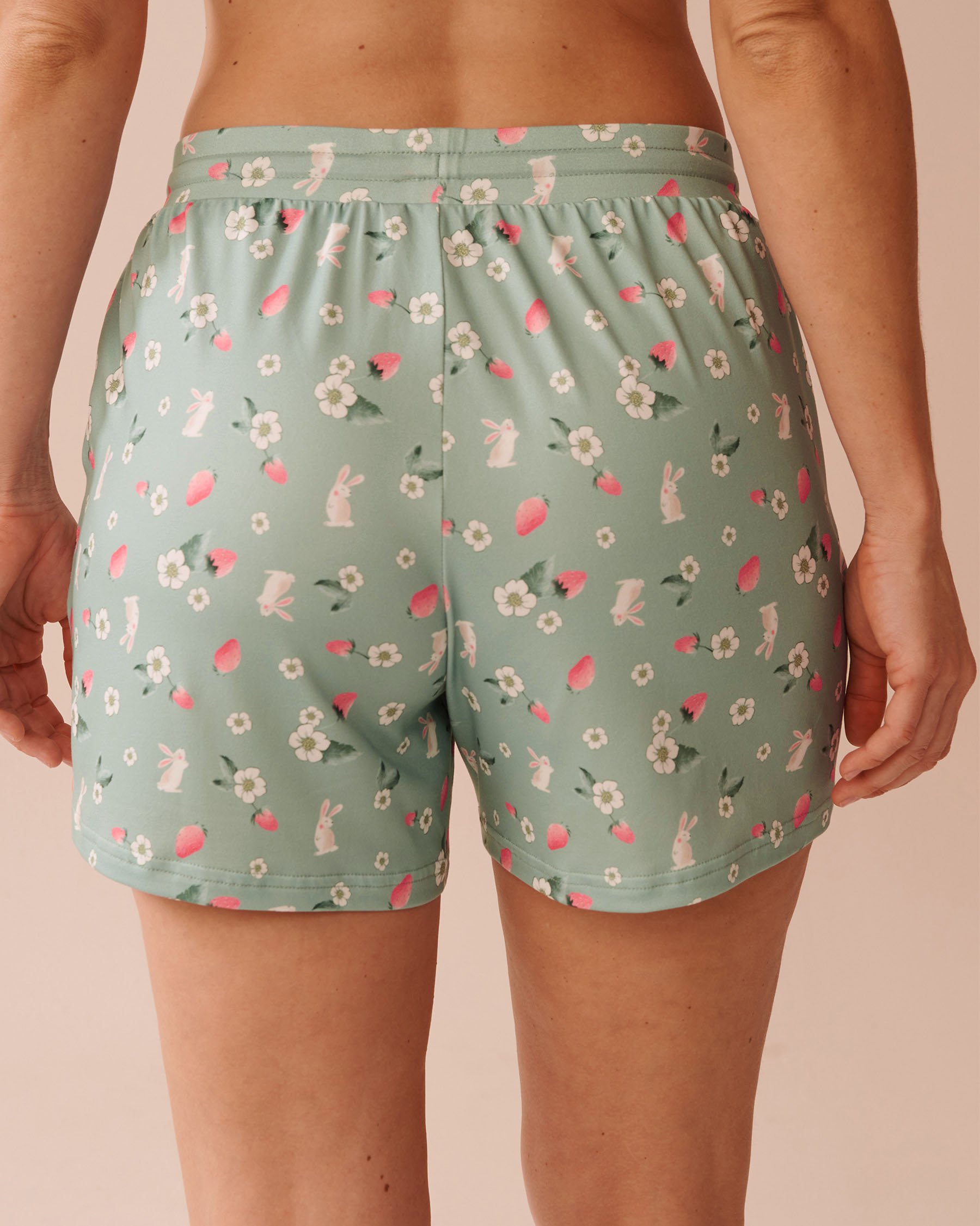 LA VIE EN ROSE Rabbit & Strawberry Print Super Soft Bermuda Pajama Shorts Green/Rabbits & Strawberries 40200705 - View2