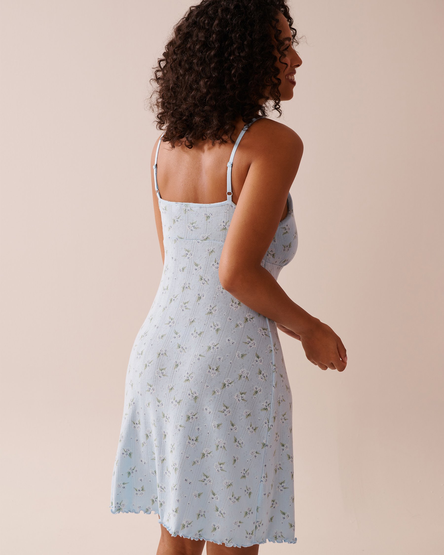 LA VIE EN ROSE Floral Print Lettuce Edge Pointelle Nightie Blue/Hydrangeas 40500413 - View2