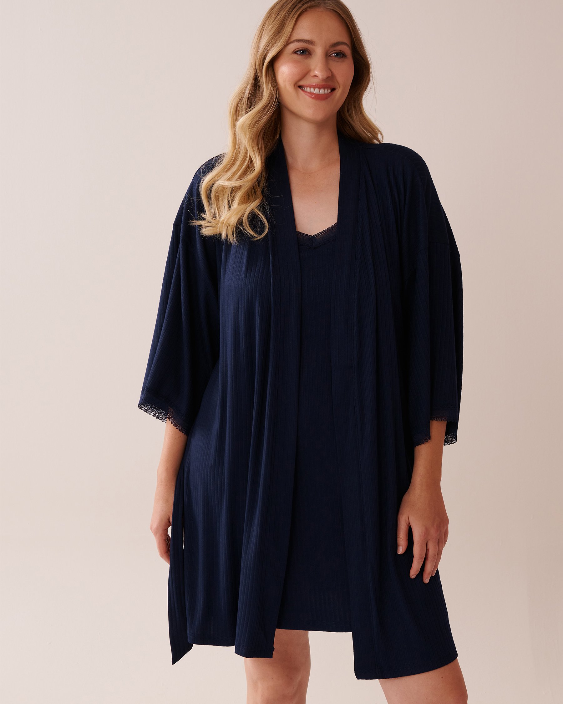 LA VIE EN ROSE Lace Trim Ribbed Jersey Kimono Navy Blue 40600202 - View1