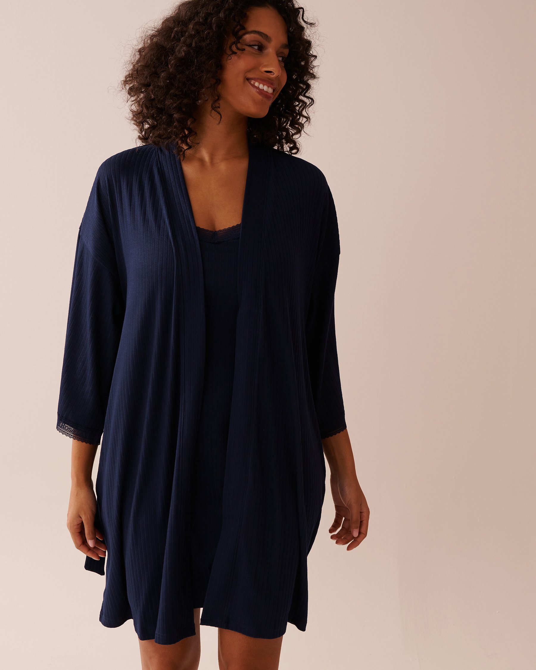 LA VIE EN ROSE Lace Trim Ribbed Jersey Kimono Navy Blue 40600202 - View9