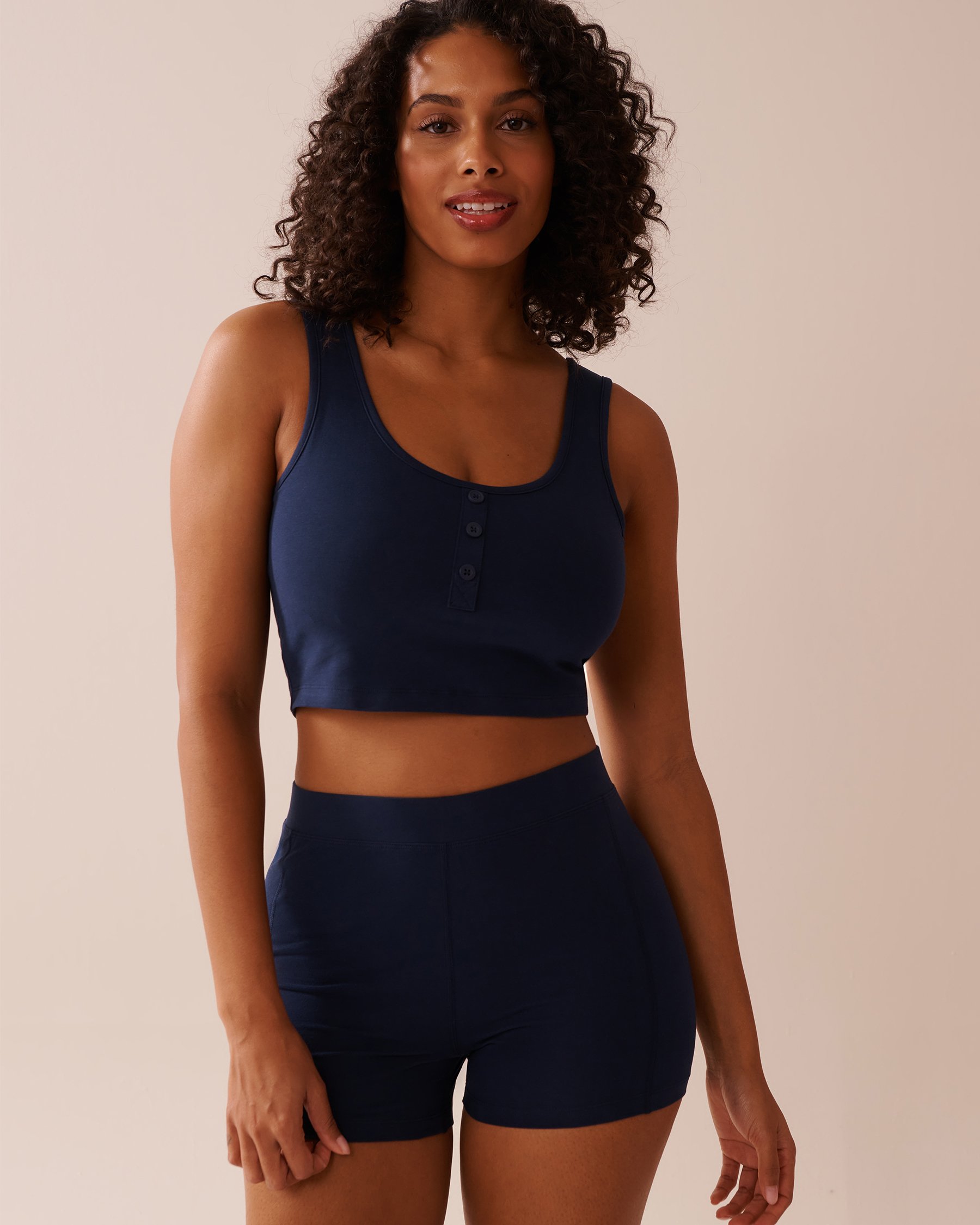 LA VIE EN ROSE Button Detail Cotton Crop Cami with Shelf Bra Navy Blue 40100695 - View1