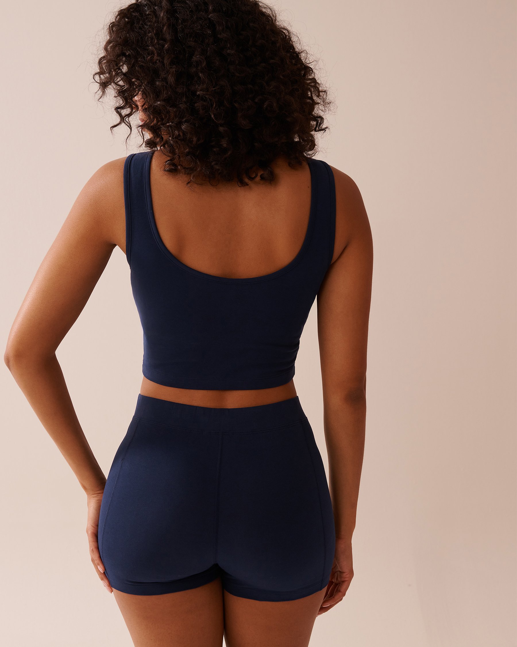 LA VIE EN ROSE Button Detail Cotton Crop Cami with Shelf Bra Navy Blue 40100695 - View2