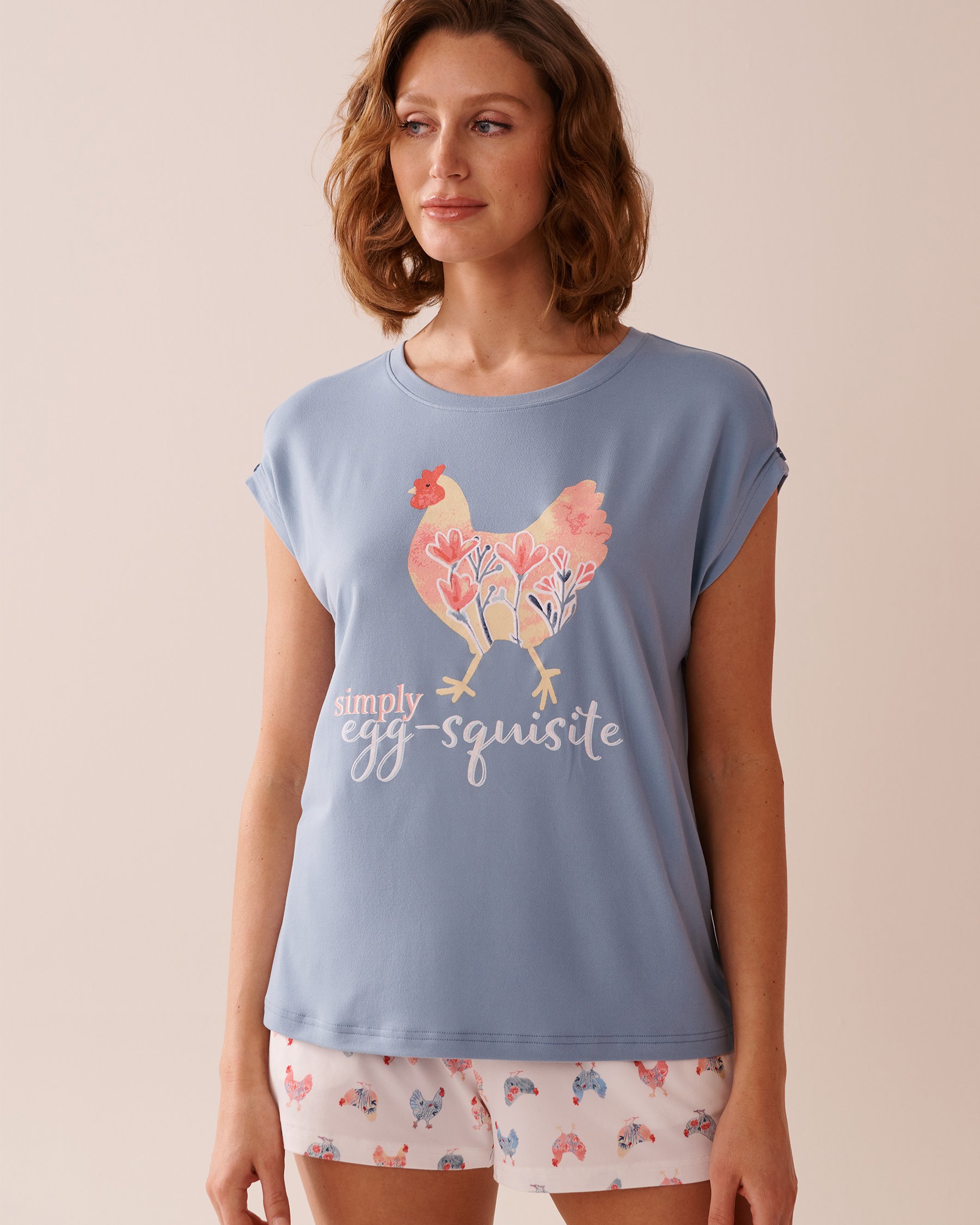 LA VIE EN ROSE T-shirt ultra doux imprimé poule Bleu nuage 40100710 - View5