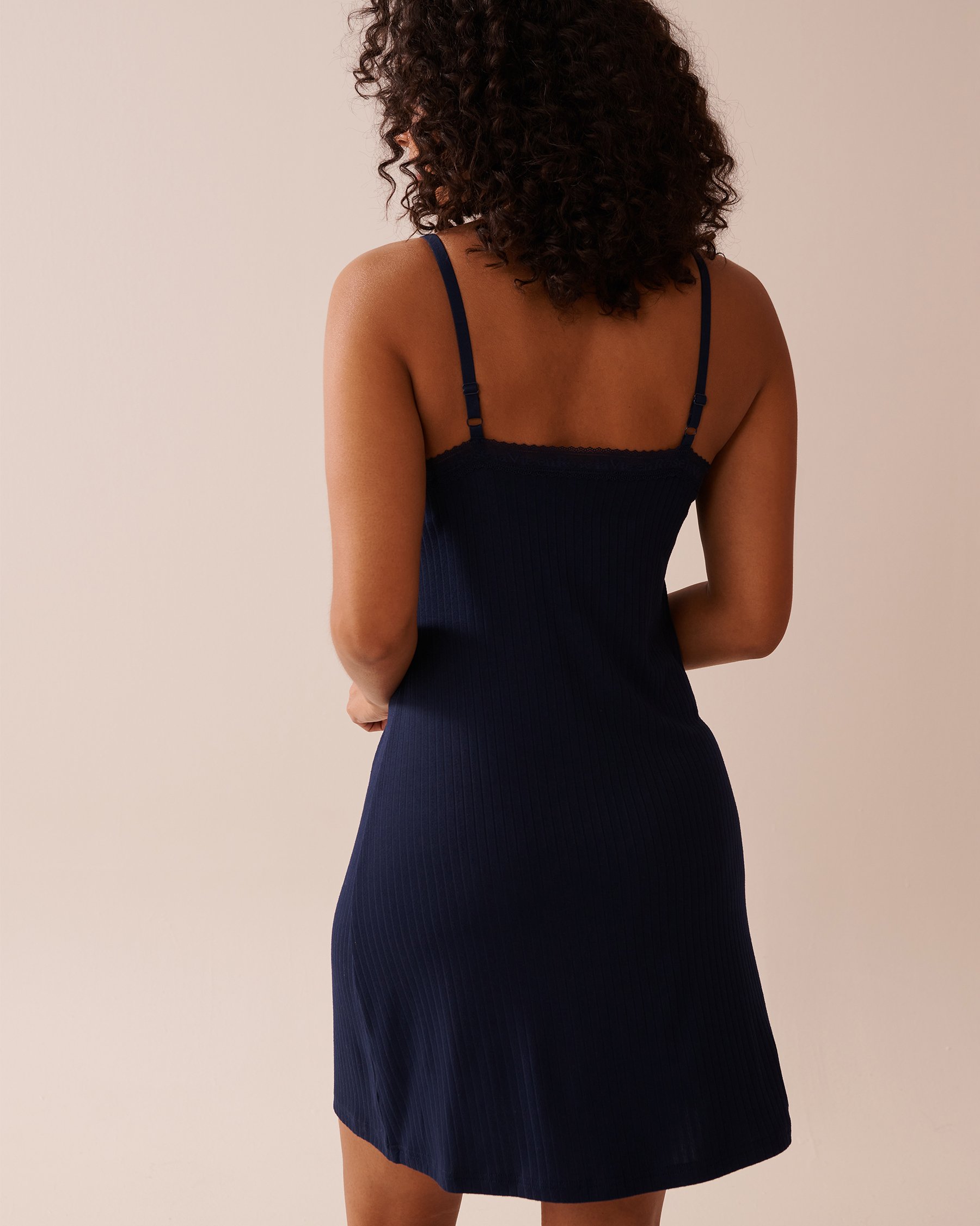 LA VIE EN ROSE Nuisette jersey côtelé à soutien intégré et bordure de dentelle Bleu marine 40500416 - Voir5