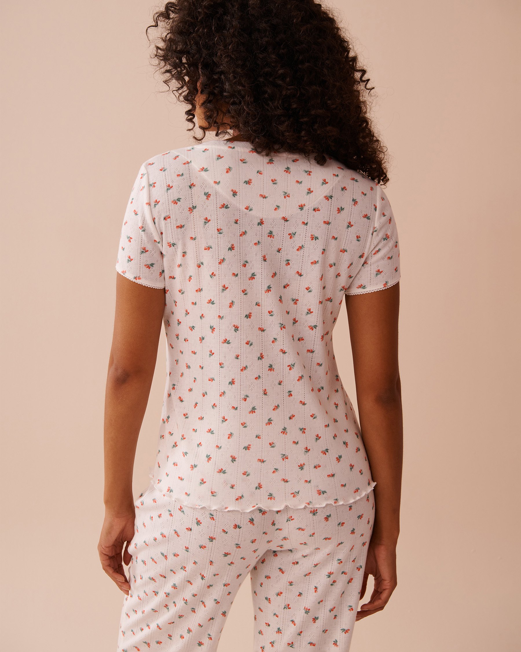 LA VIE EN ROSE T-shirt maille pointelle et bordure frisons imprimé fraise Blanc/Fraises 40100697 - View2