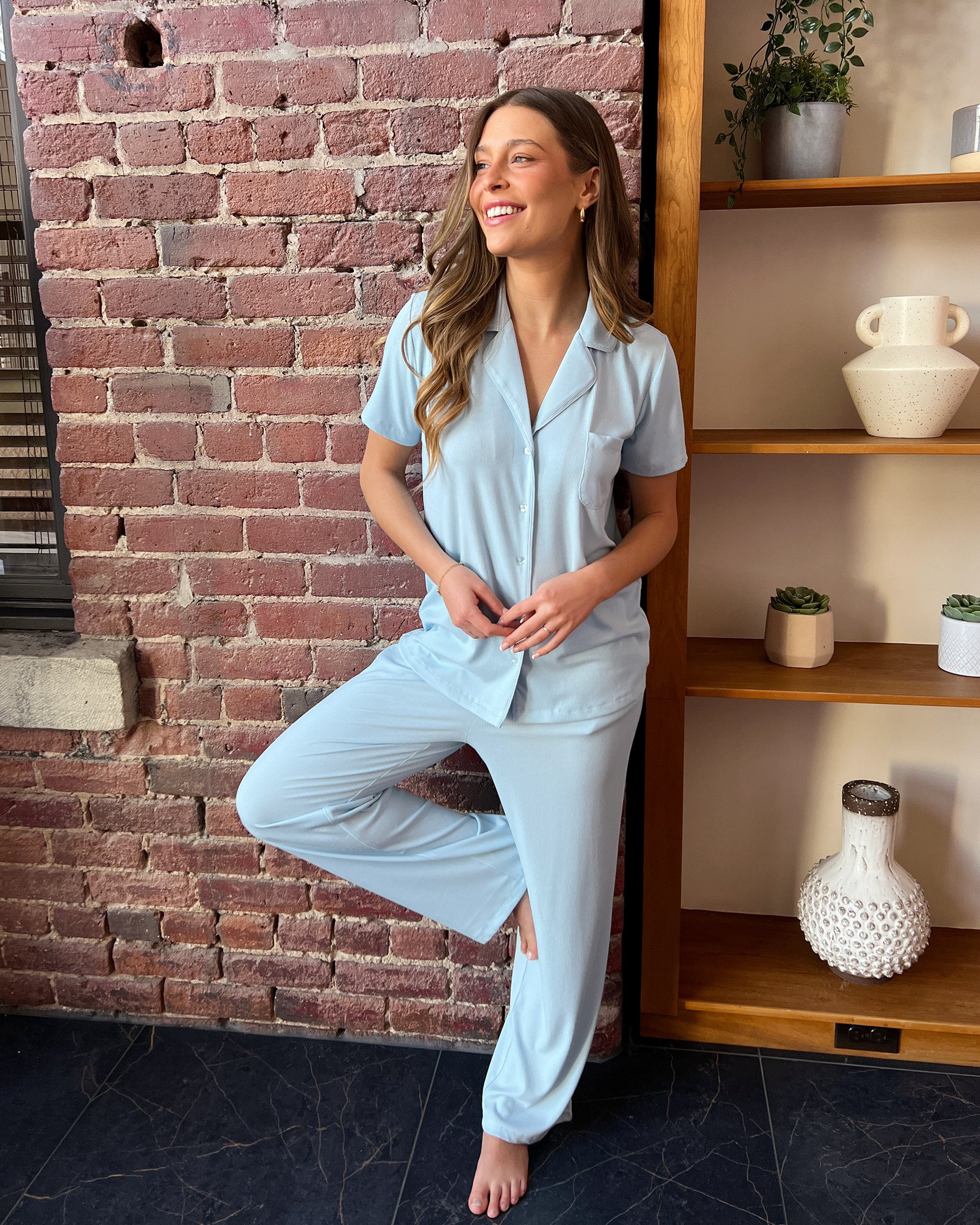 LA VIE EN ROSE Chemisier manches courtes en modal côtelé Bleu ciel 60100128 - View4