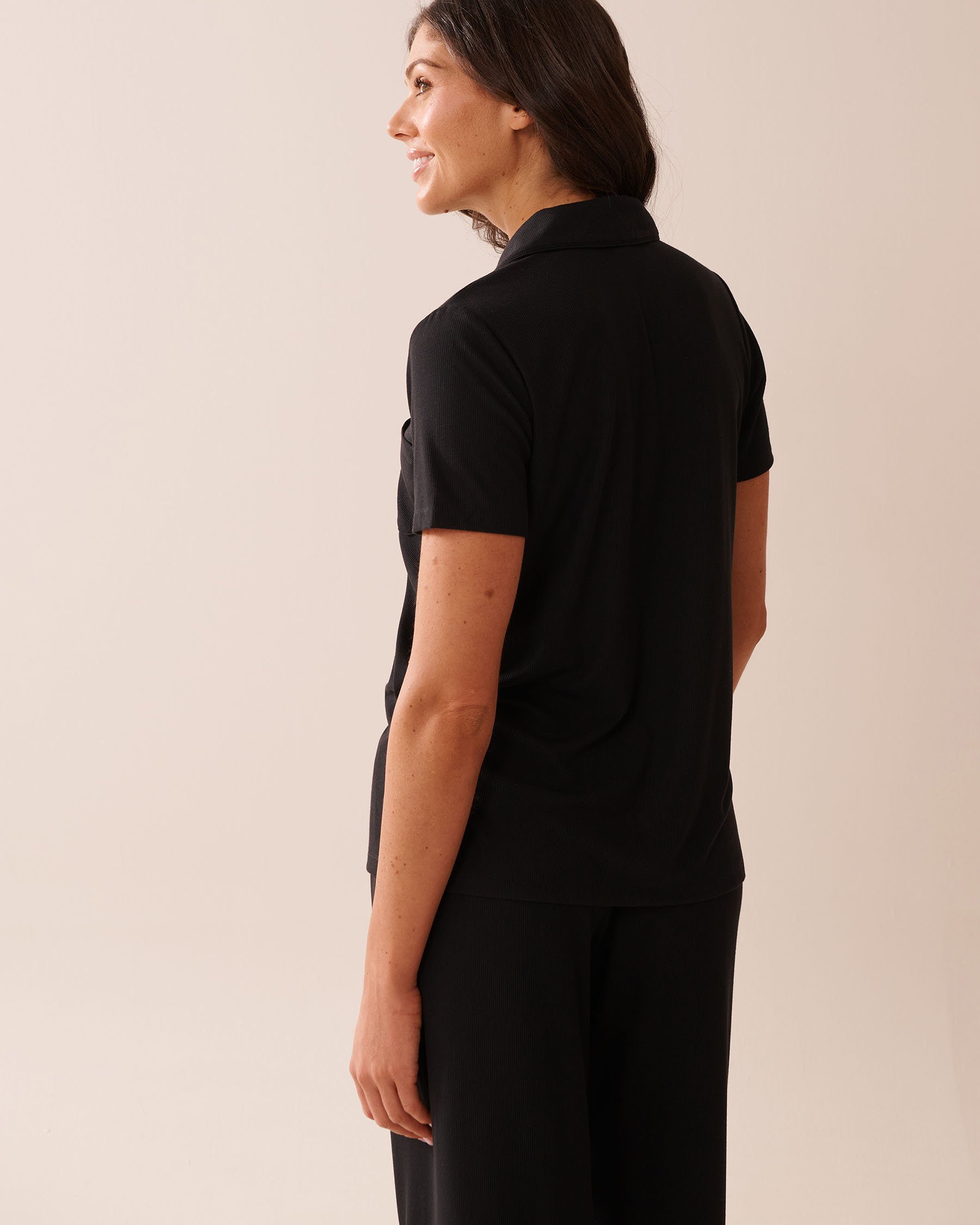 LA VIE EN ROSE Ribbed Modal Button-down Shirt Black 60100132 - View2