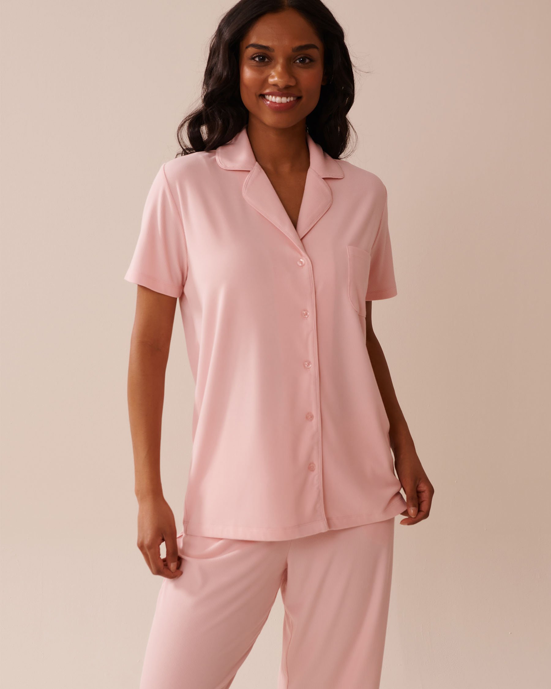 LA VIE EN ROSE Ribbed Modal Button-down Shirt Peony Pink 60100132 - View4