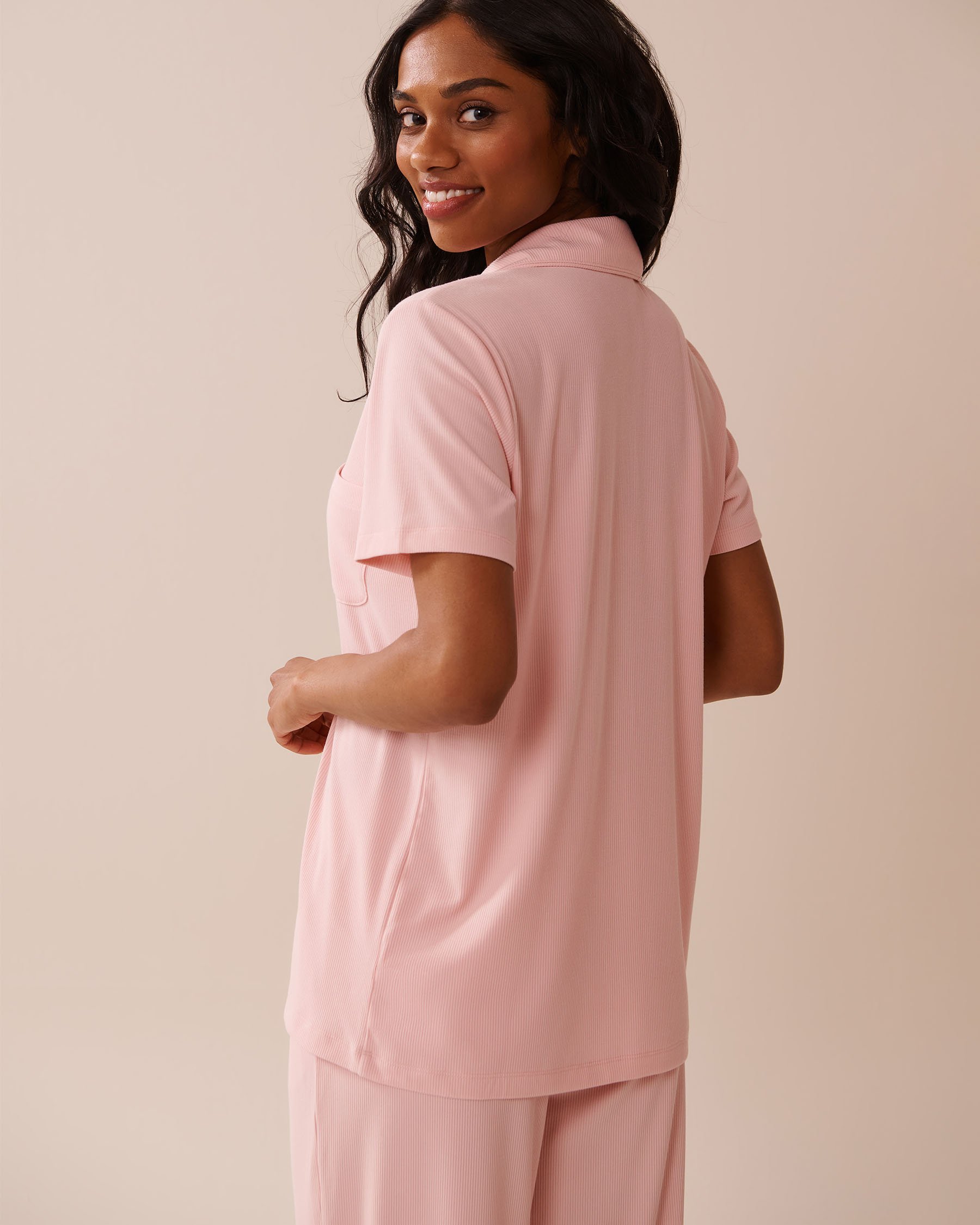 LA VIE EN ROSE Ribbed Modal Button-down Shirt Peony Pink 60100132 - View5