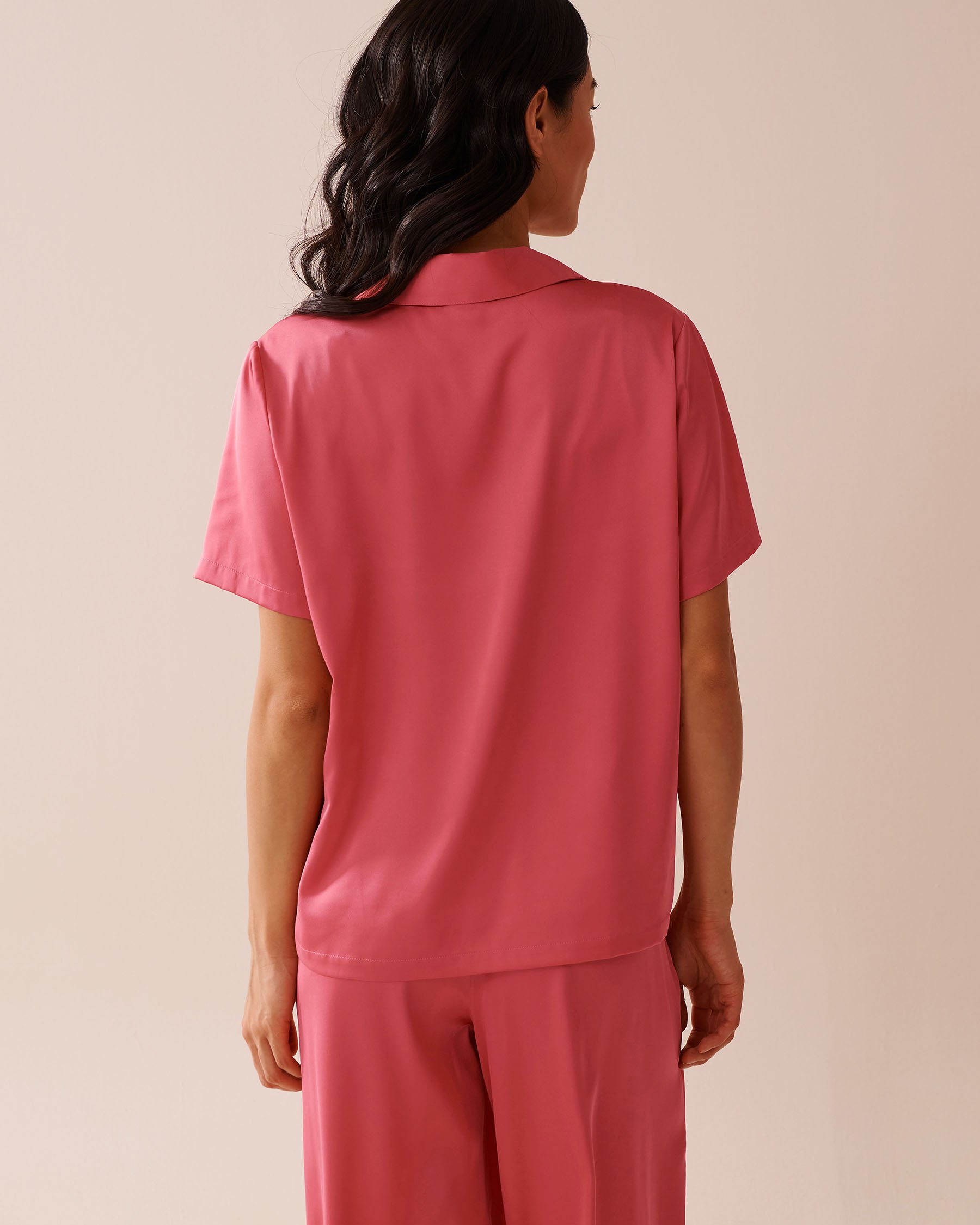 LA VIE EN ROSE Satin Short Sleeve Button-down Shirt Watermelon Pink 60100135 - View2