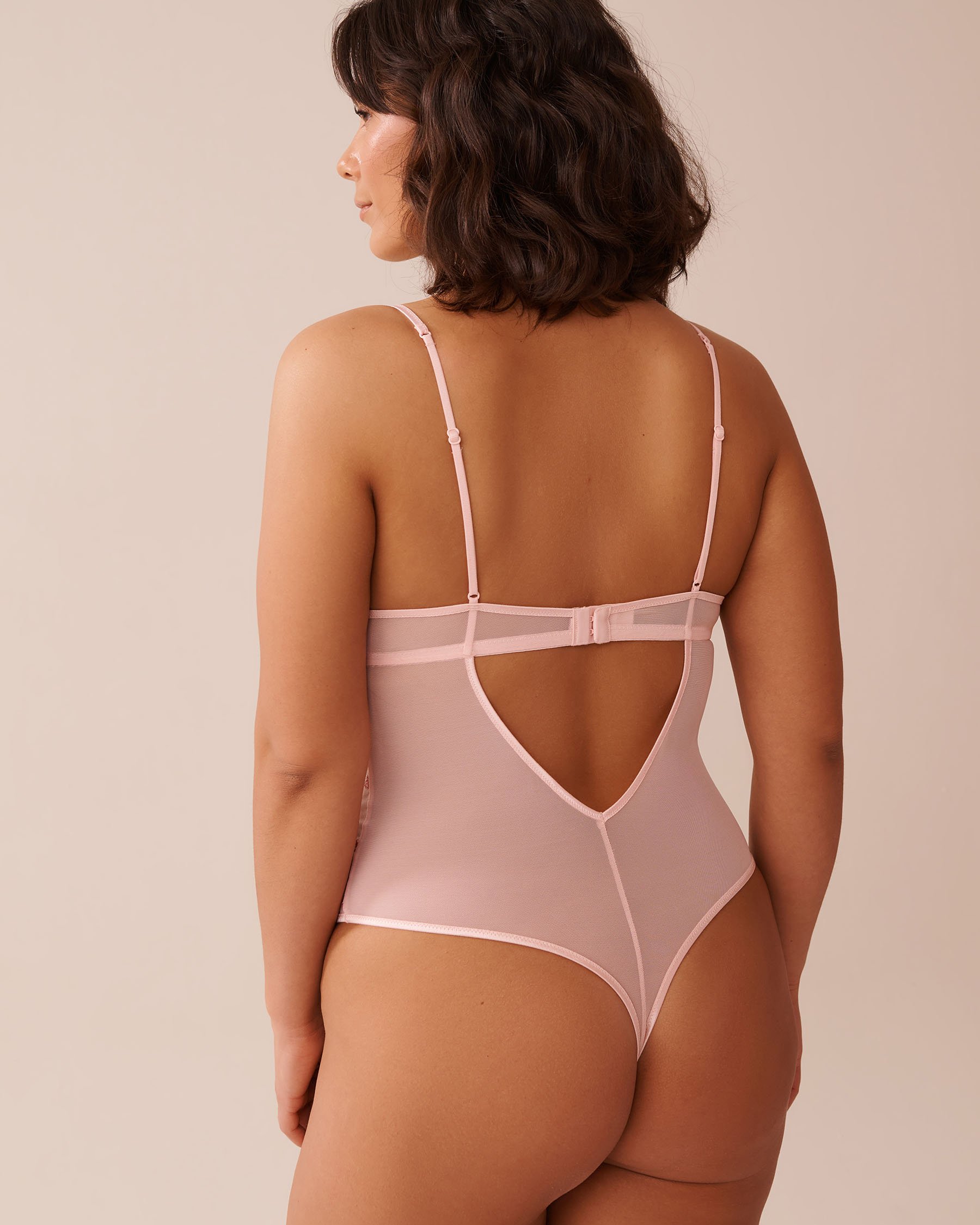 LA VIE EN ROSE Floral Embroidered Mesh Thong Teddy Pink Flowers 60300102 - View2