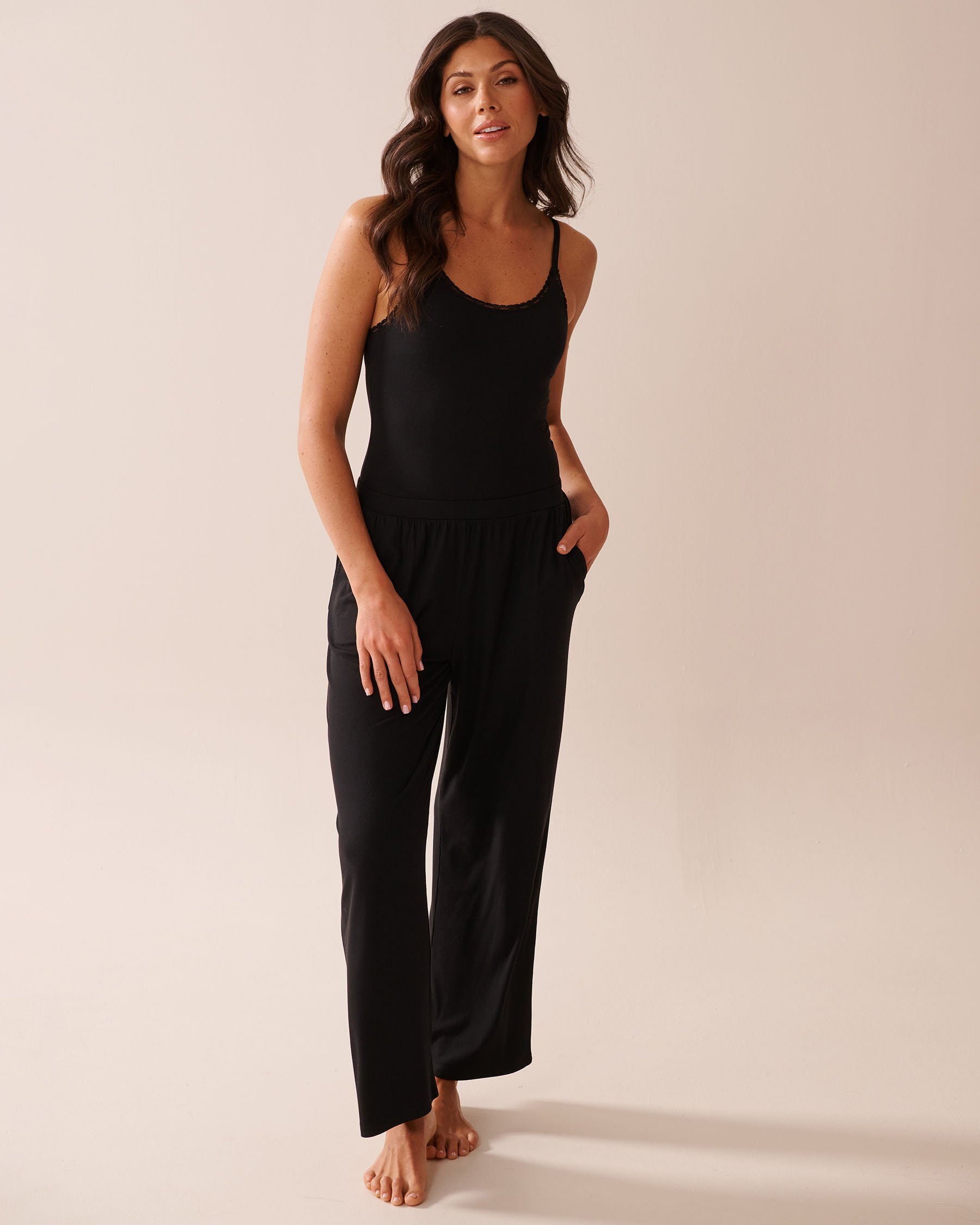 LA VIE EN ROSE Ribbed Modal and Lace Trim Bodysuit with Shelf Bra Black 60300103 - View5