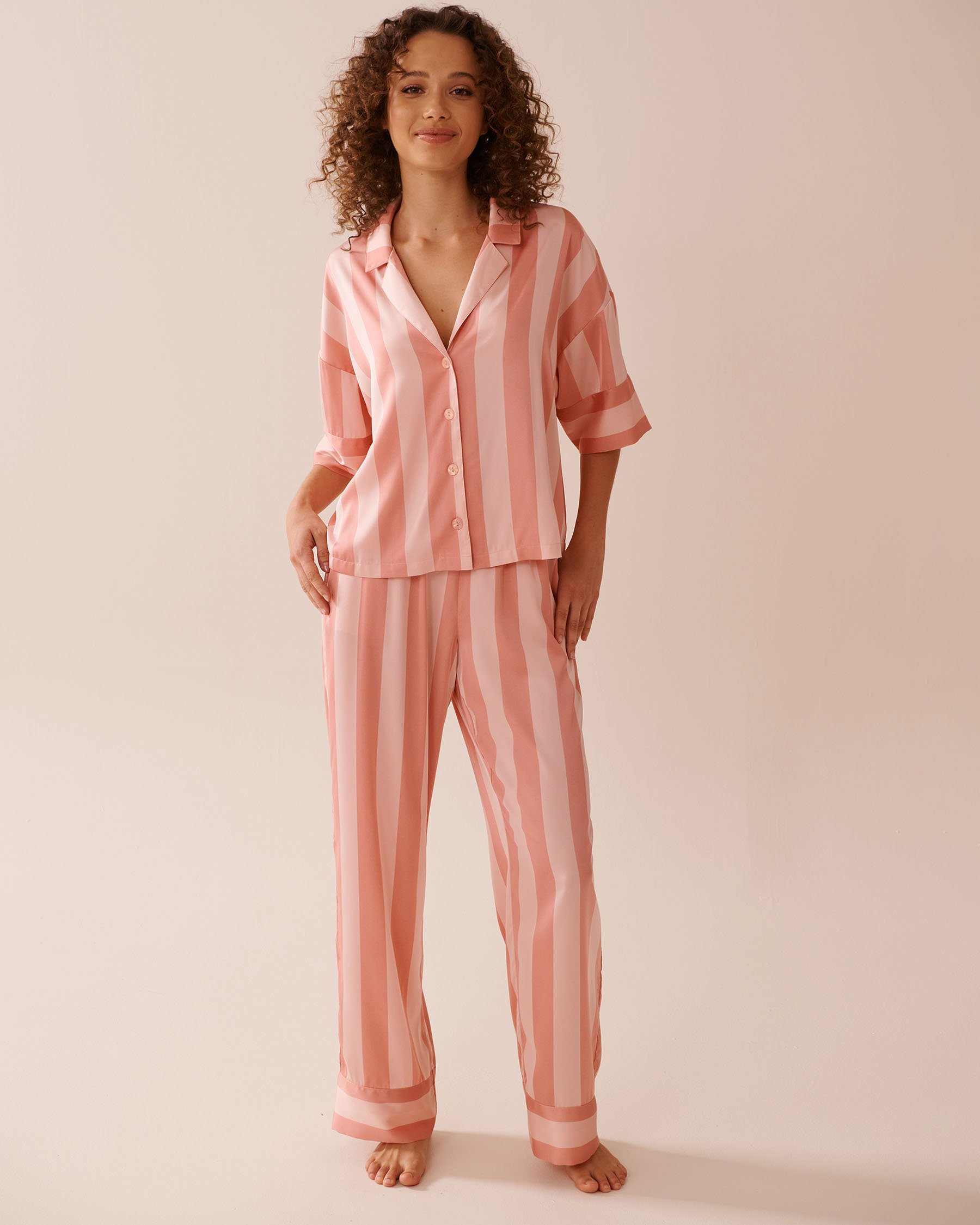 LA VIE EN ROSE Striped Short Sleeve Satin Pajama Set Pink & Peach 60400052 - View1