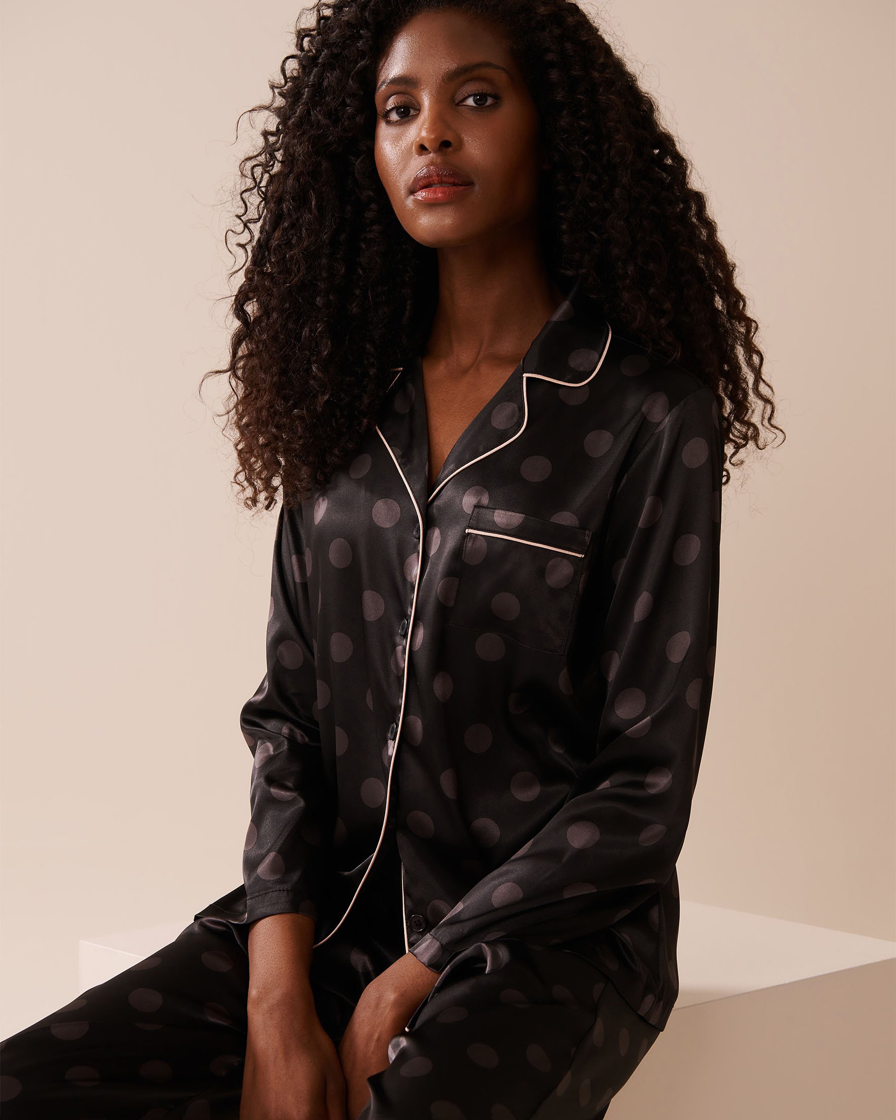 LA VIE EN ROSE Polka Dot Satin Pajama Set Black & White Polka Dot 60400060 - View3