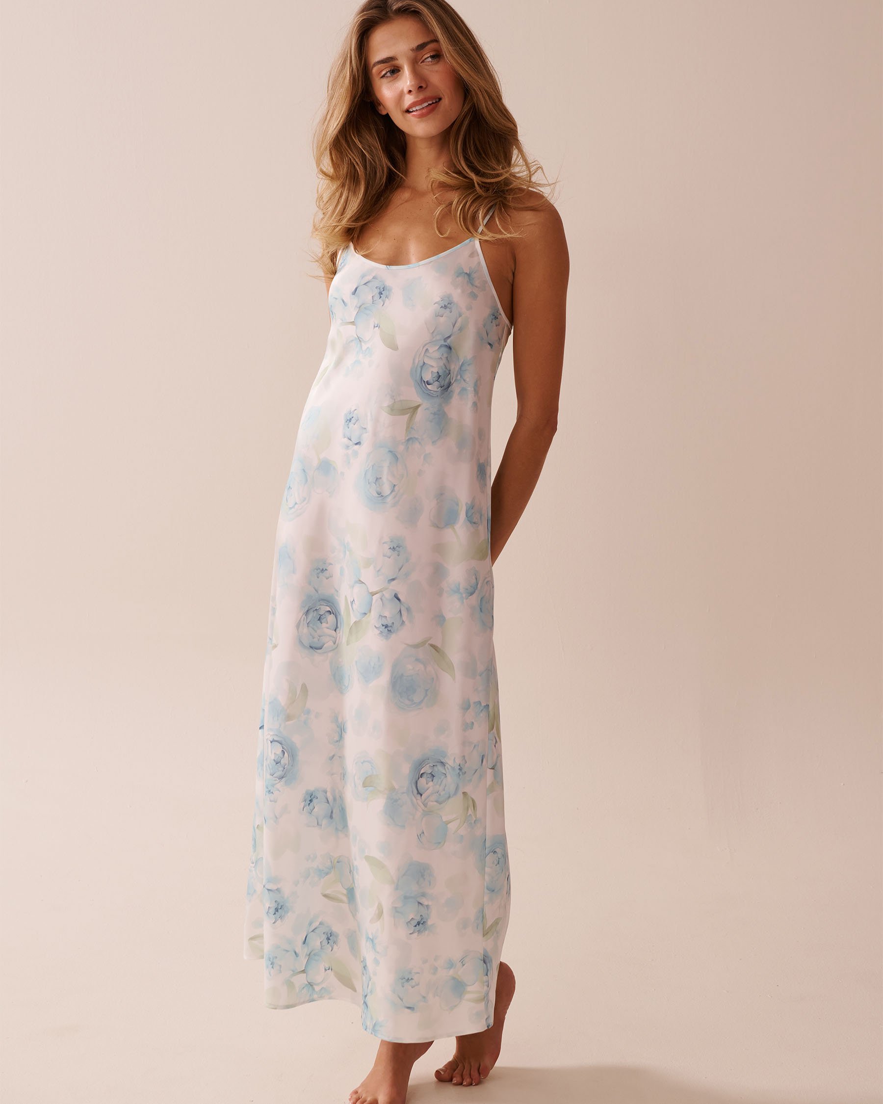 LA VIE EN ROSE Blue Rose Print Long Satin Nightie Blue Rose 60500188 - View4