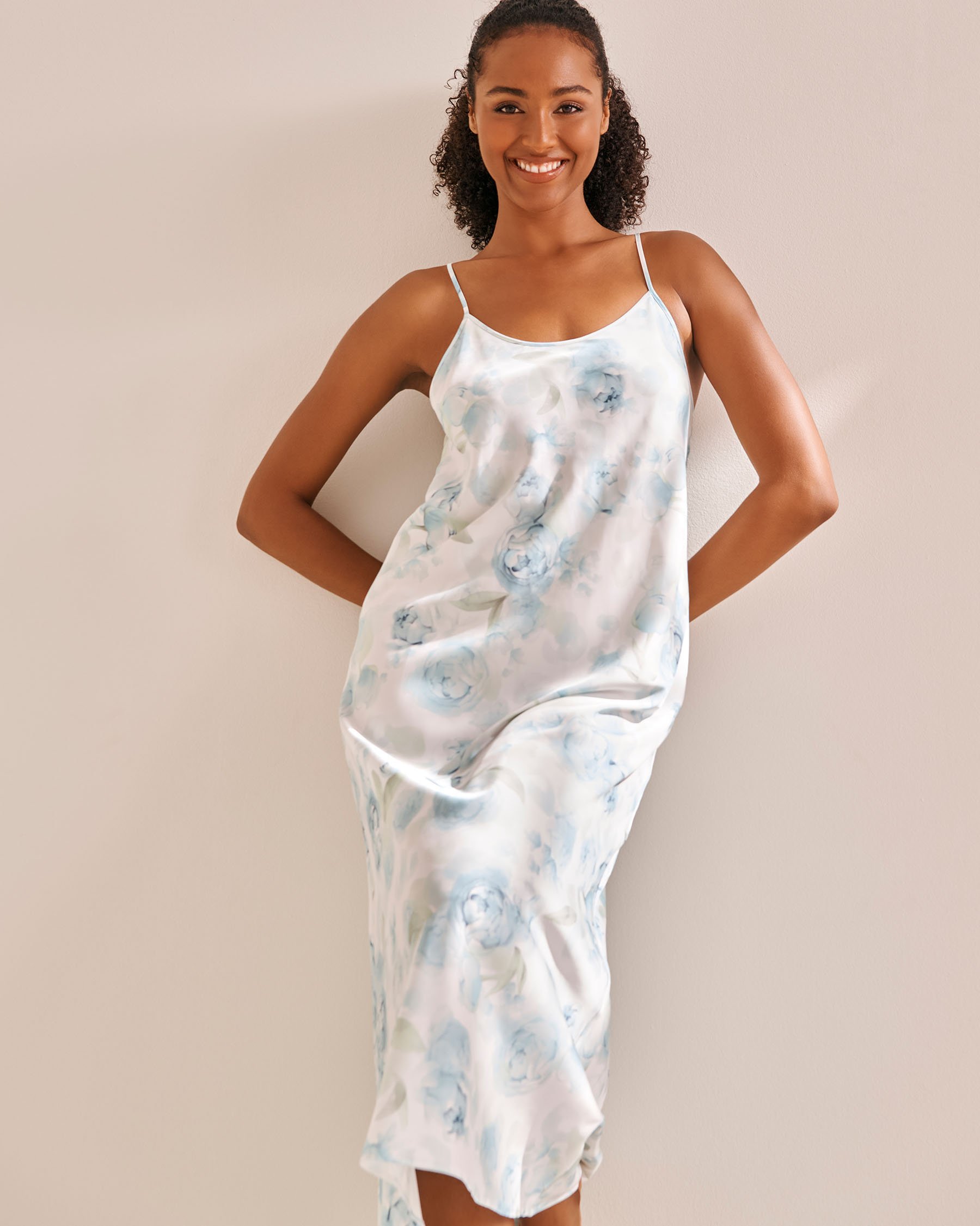 LA VIE EN ROSE Blue Rose Print Long Satin Nightie Blue Rose 60500188 - View1