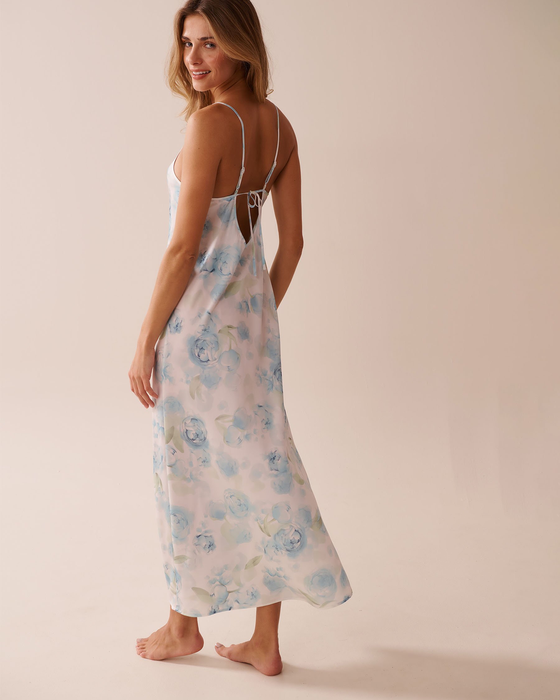 LA VIE EN ROSE Blue Rose Print Long Satin Nightie Blue Rose 60500188 - View5