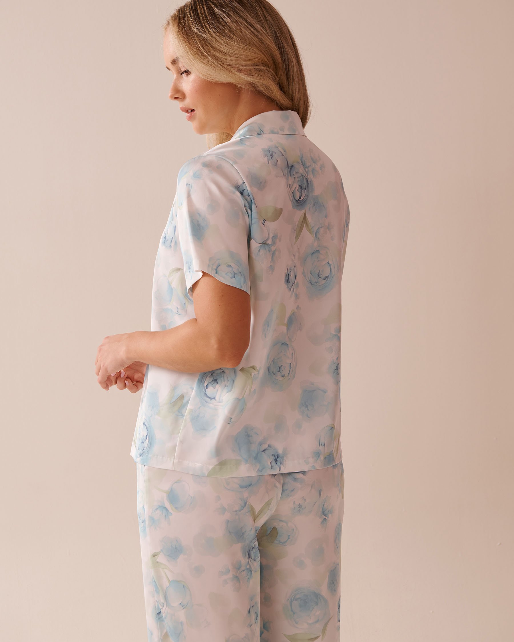 LA VIE EN ROSE Blue Rose Print Satin Button-down Shirt Blue Rose 60100134 - View2