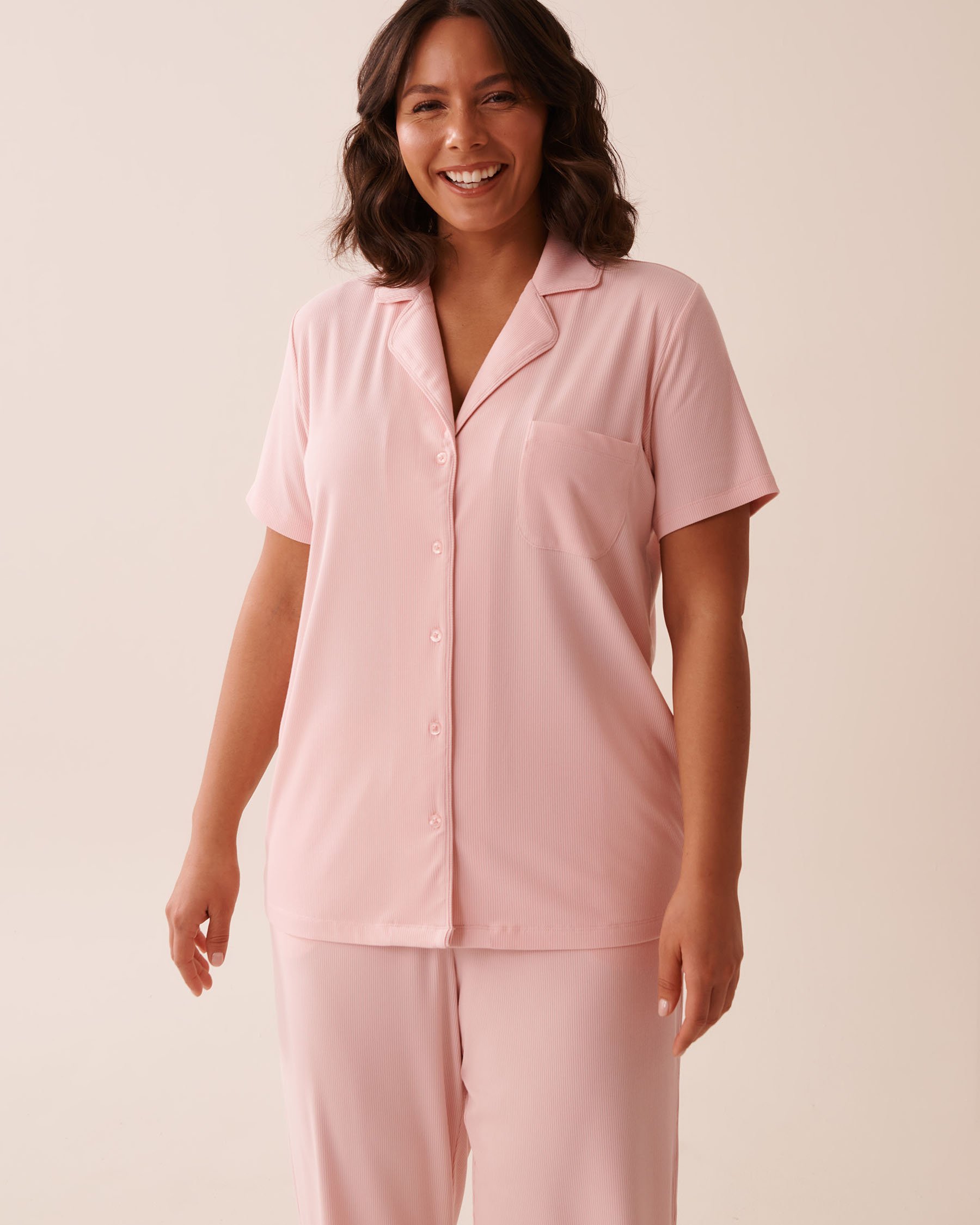 LA VIE EN ROSE Ribbed Modal Button-down Shirt Peony Pink 60100132 - View7