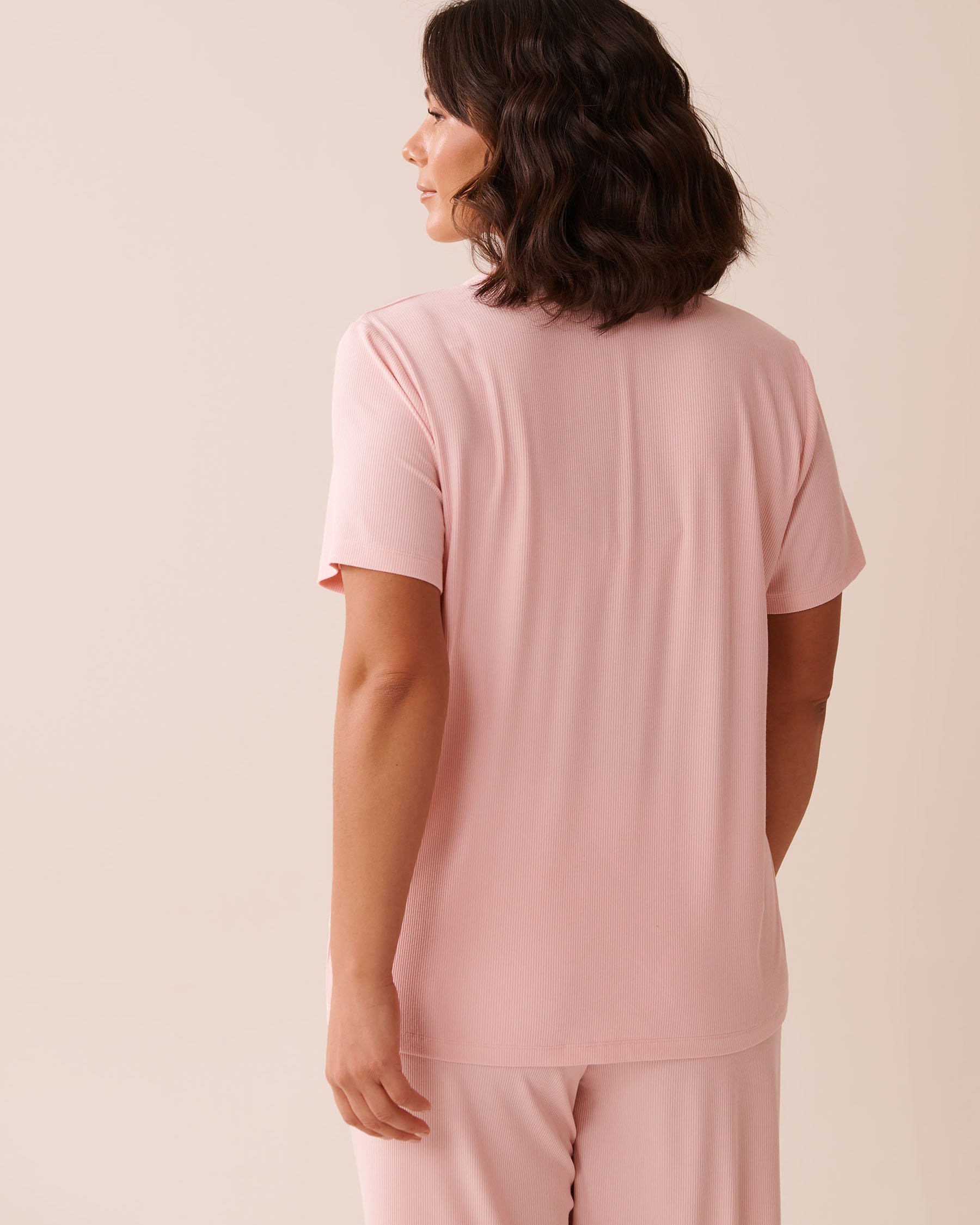 LA VIE EN ROSE Ribbed Modal Button-down Shirt Peony Pink 60100132 - View8