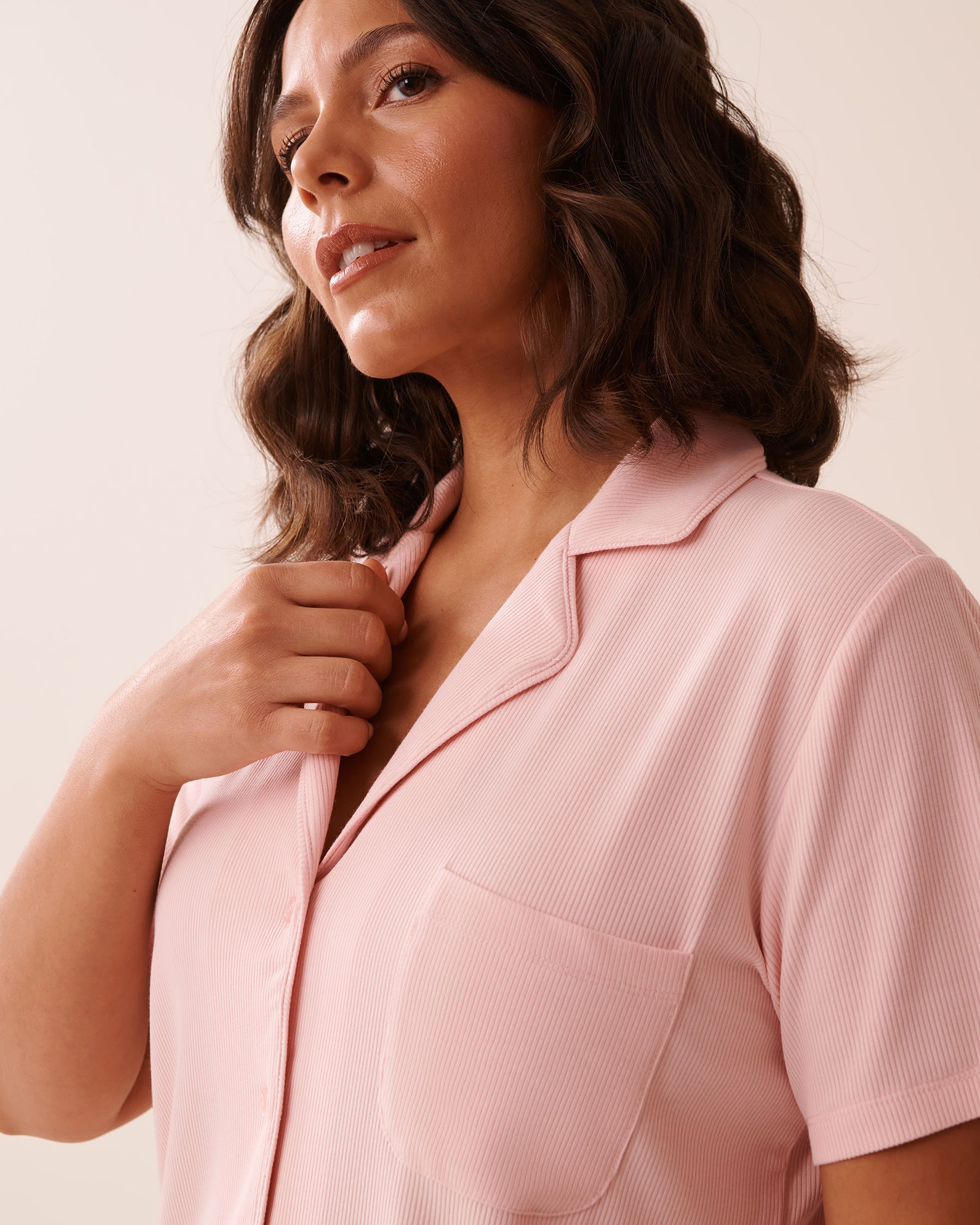 LA VIE EN ROSE Ribbed Modal Button-down Shirt Peony Pink 60100132 - View9