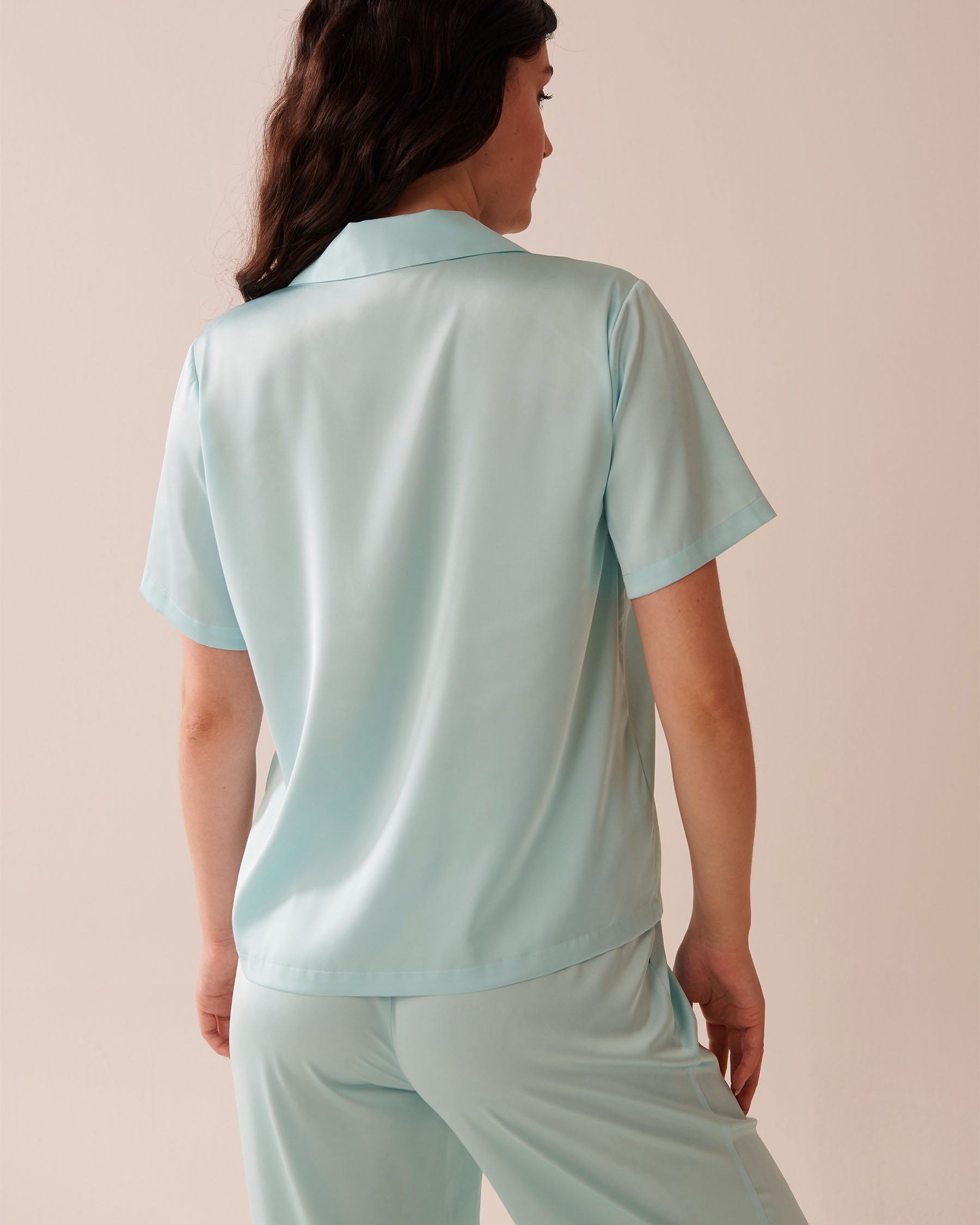 LA VIE EN ROSE Satin Short Sleeve Button-down Shirt Turquoise 60100135 - View2