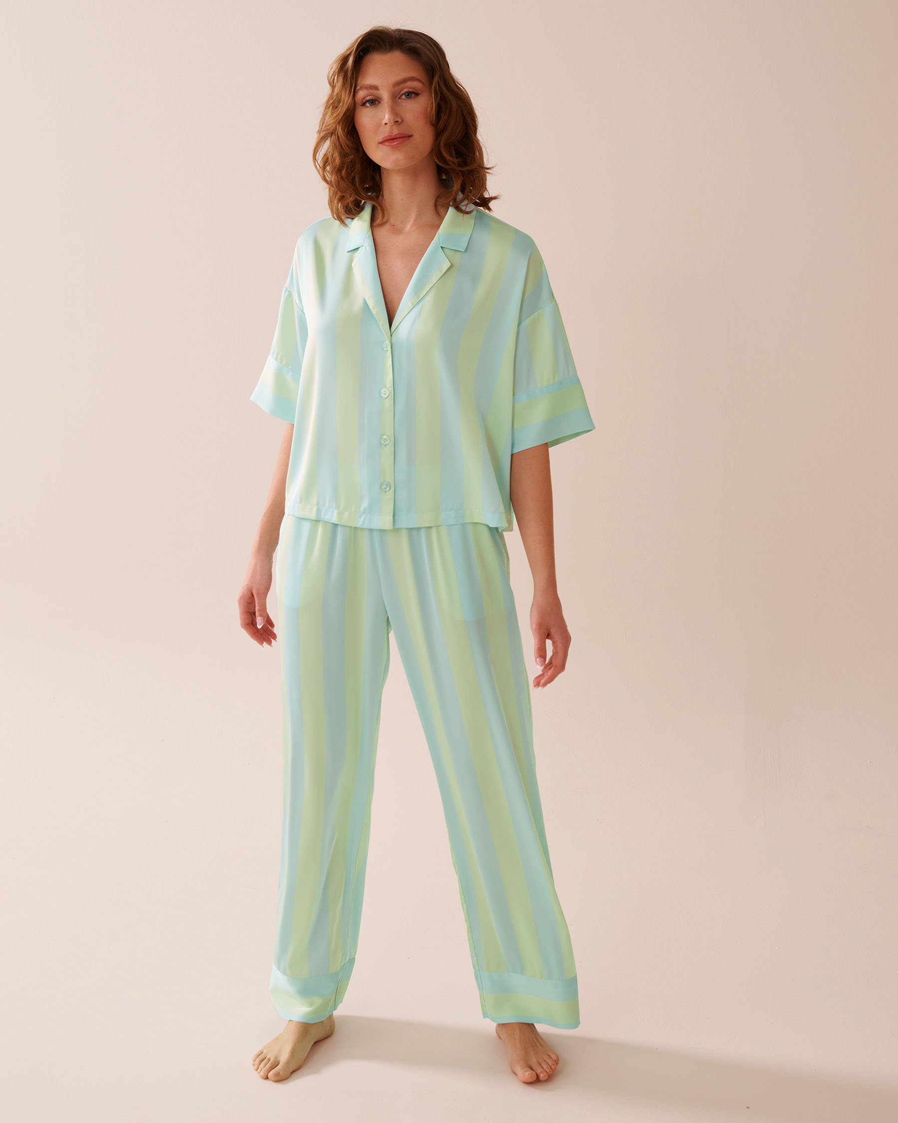 LA VIE EN ROSE Striped Short Sleeve Satin Pajama Set Blue & Green 60400052 - View1