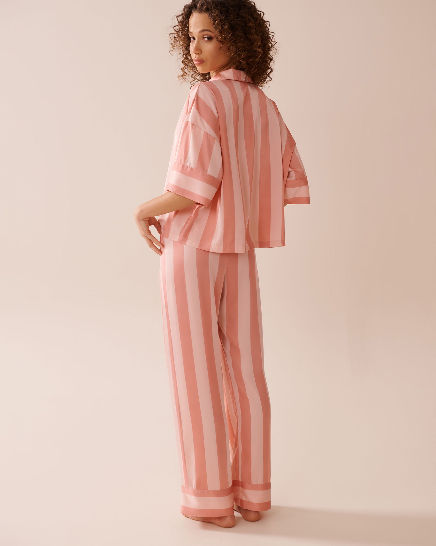 LA VIE EN ROSE Striped Short Sleeve Satin Pajama Set Pink & Peach 60400052 - View2