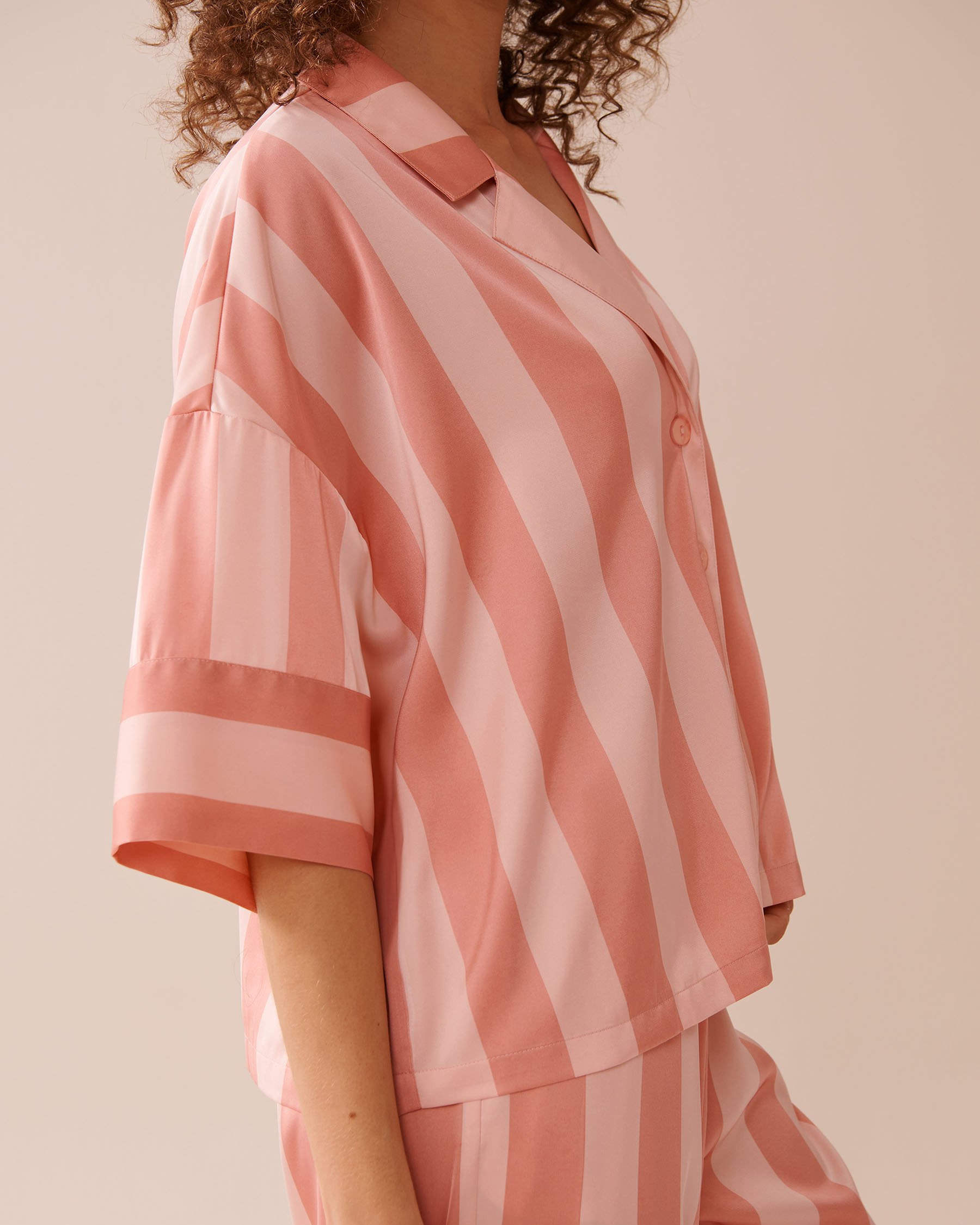 LA VIE EN ROSE Striped Short Sleeve Satin Pajama Set Pink & Peach 60400052 - View3