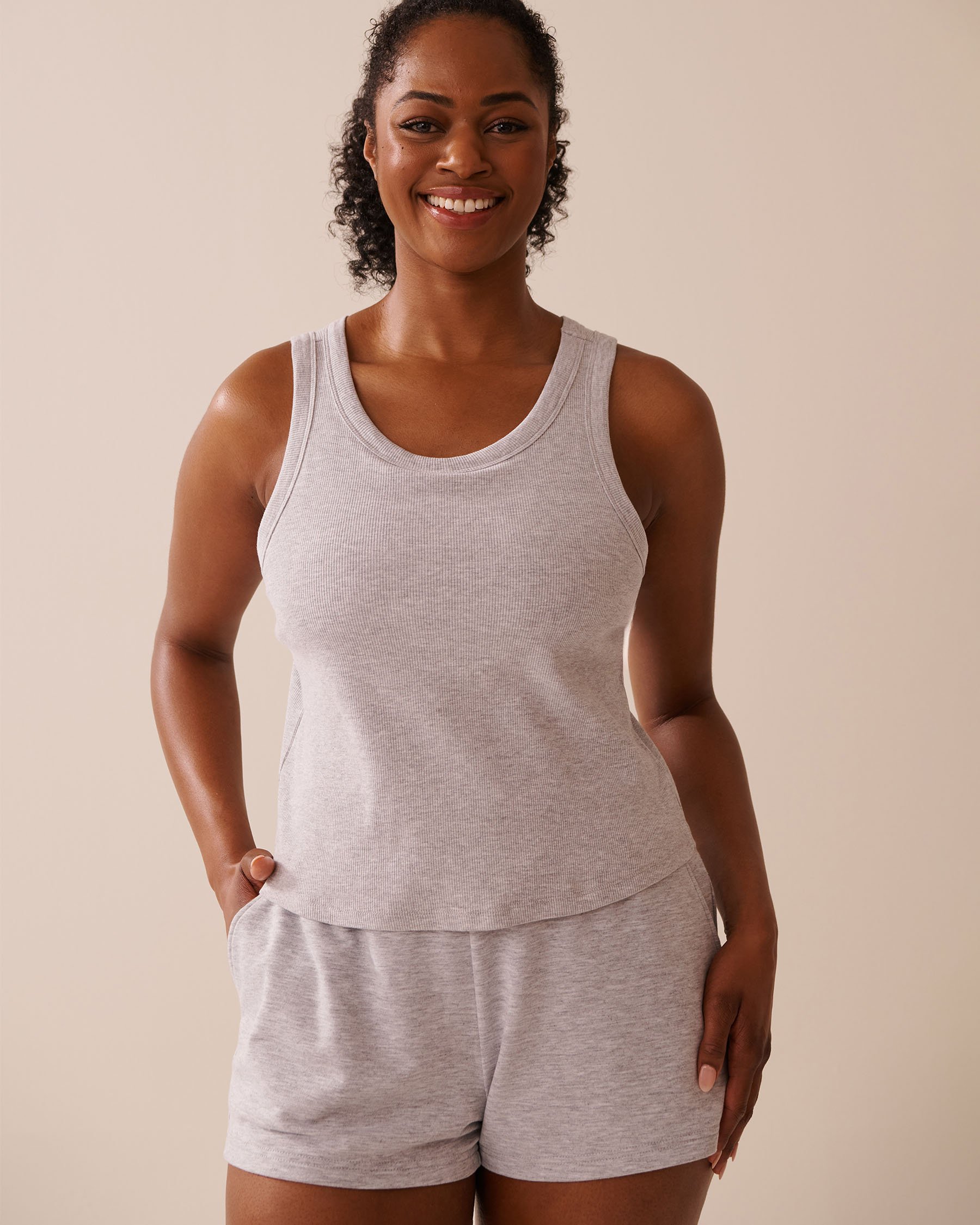 LA VIE EN ROSE Ribbed Cotton Cami with Shelf Bra Grey 50100108 - View5