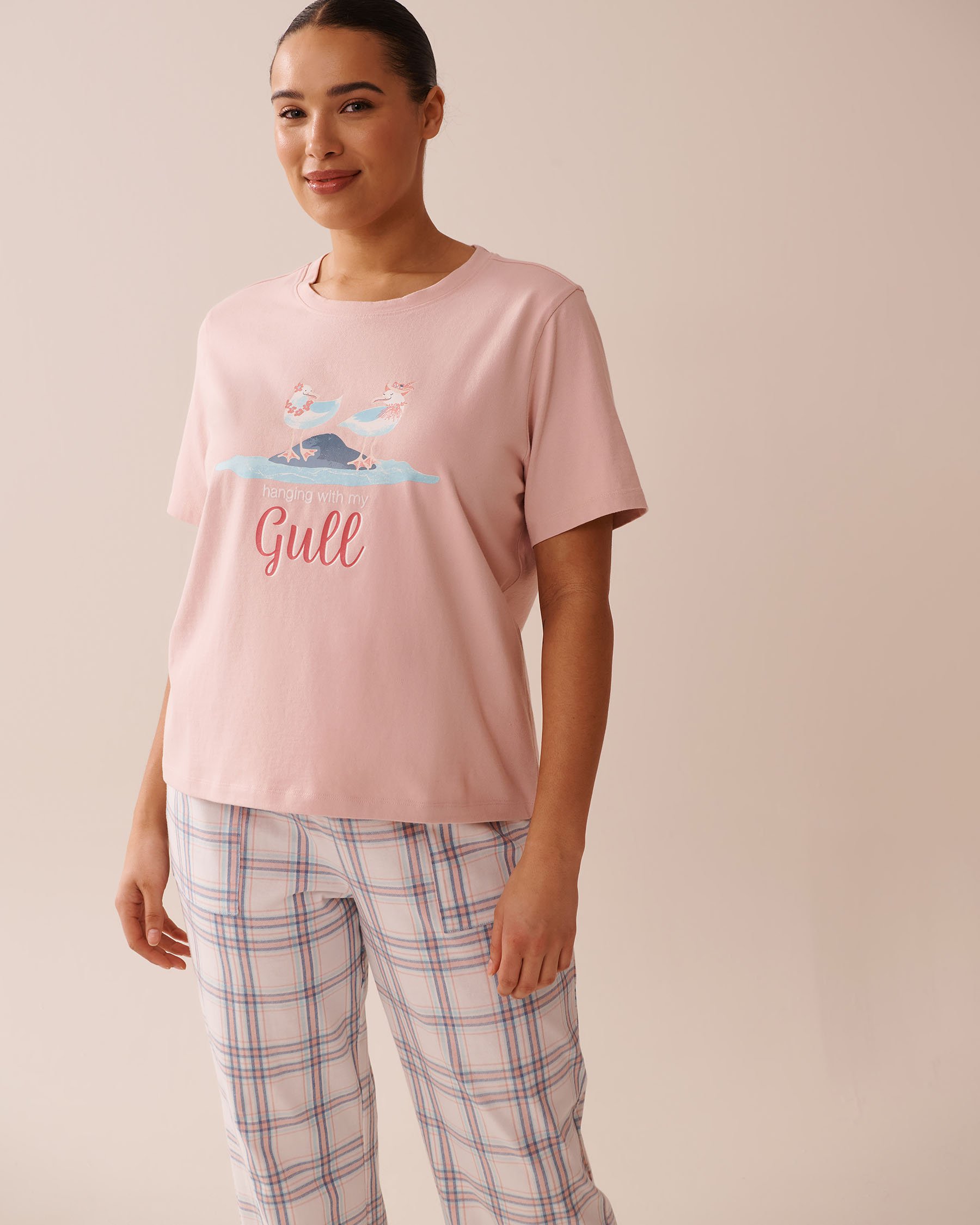 LA VIE EN ROSE Seagull Print Crew Neck Cotton T-shirt Peony Pink 40100726 - View1