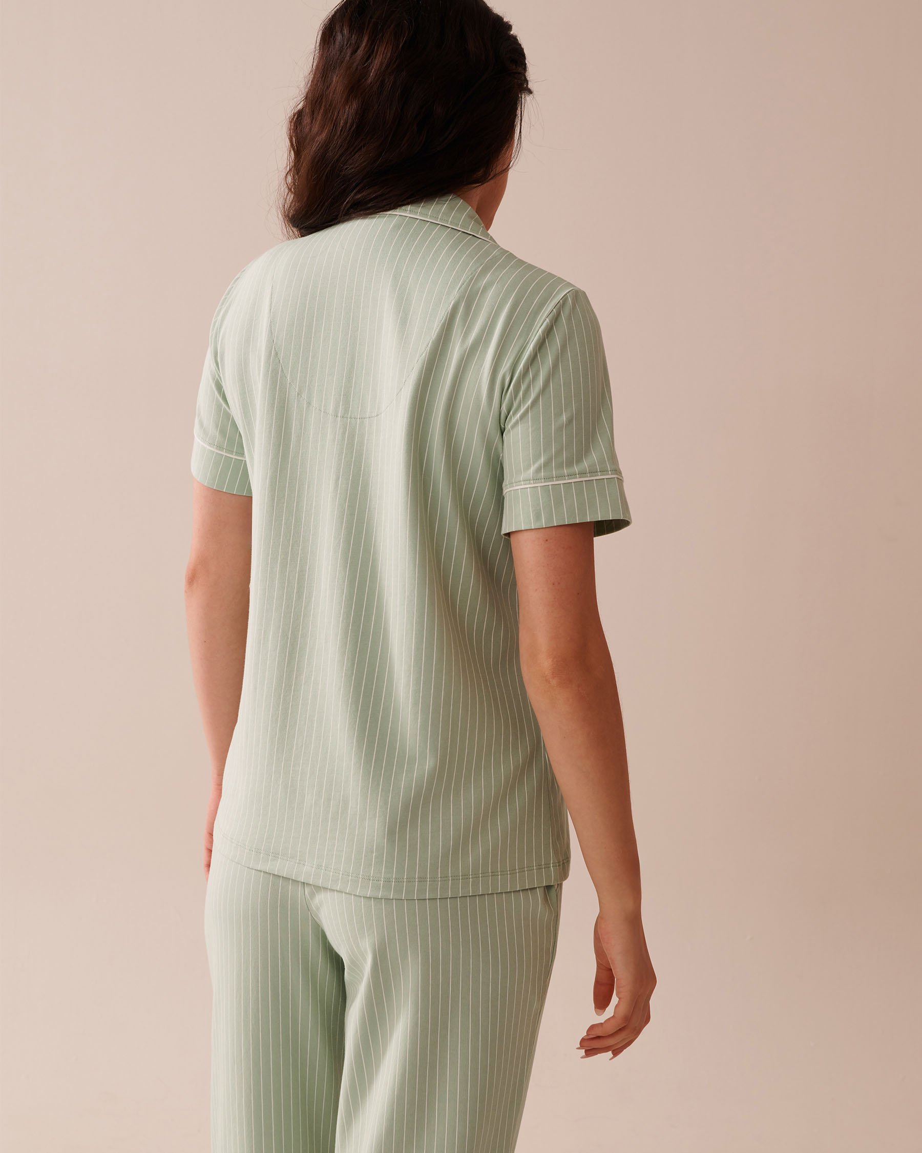 LA VIE EN ROSE Cotton Short Sleeve Button-down Shirt Frosty Green Stripes 40100728 - View2