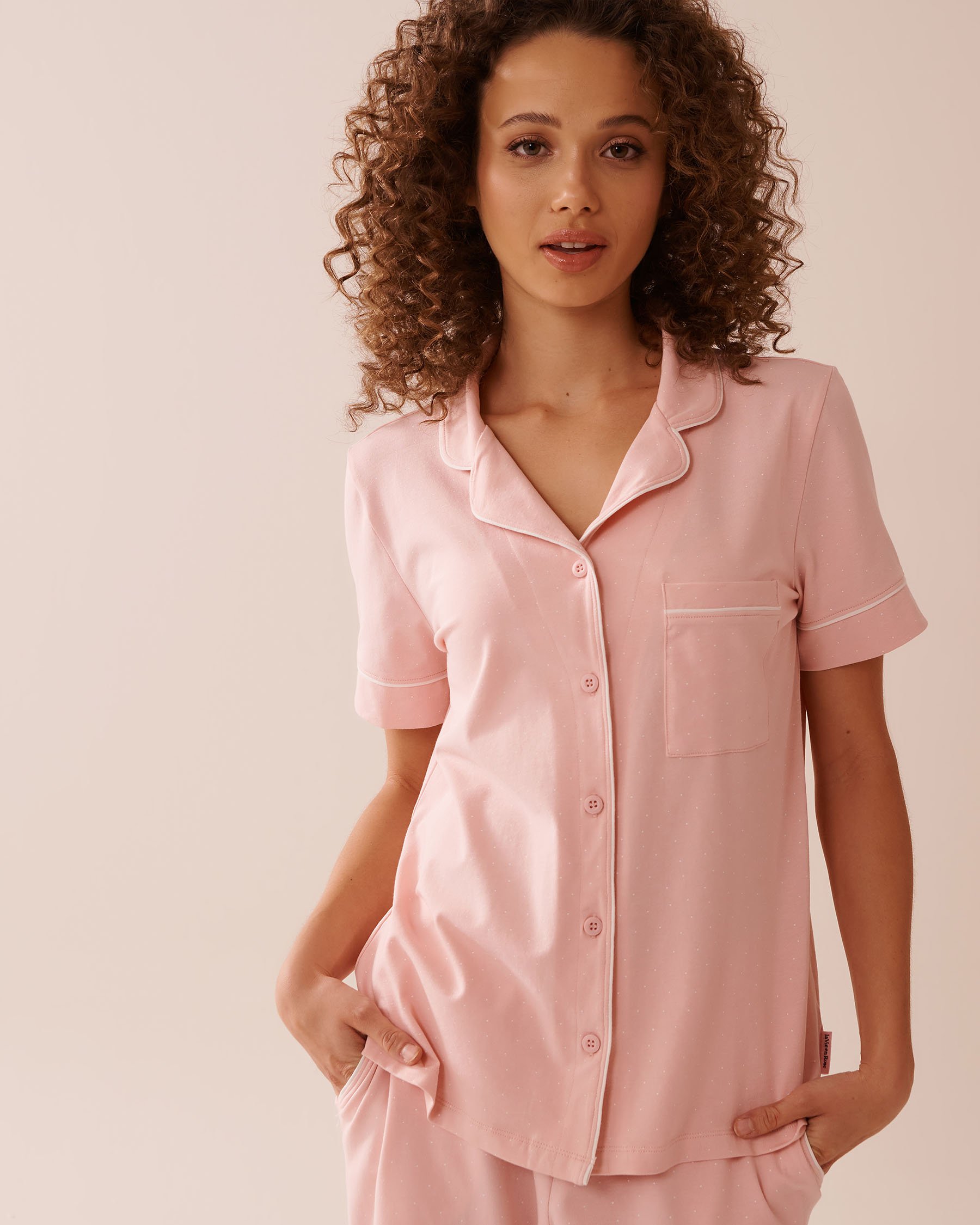 LA VIE EN ROSE Cotton Short Sleeve Button-down Shirt Pink & White Polka Dot 40100728 - View1