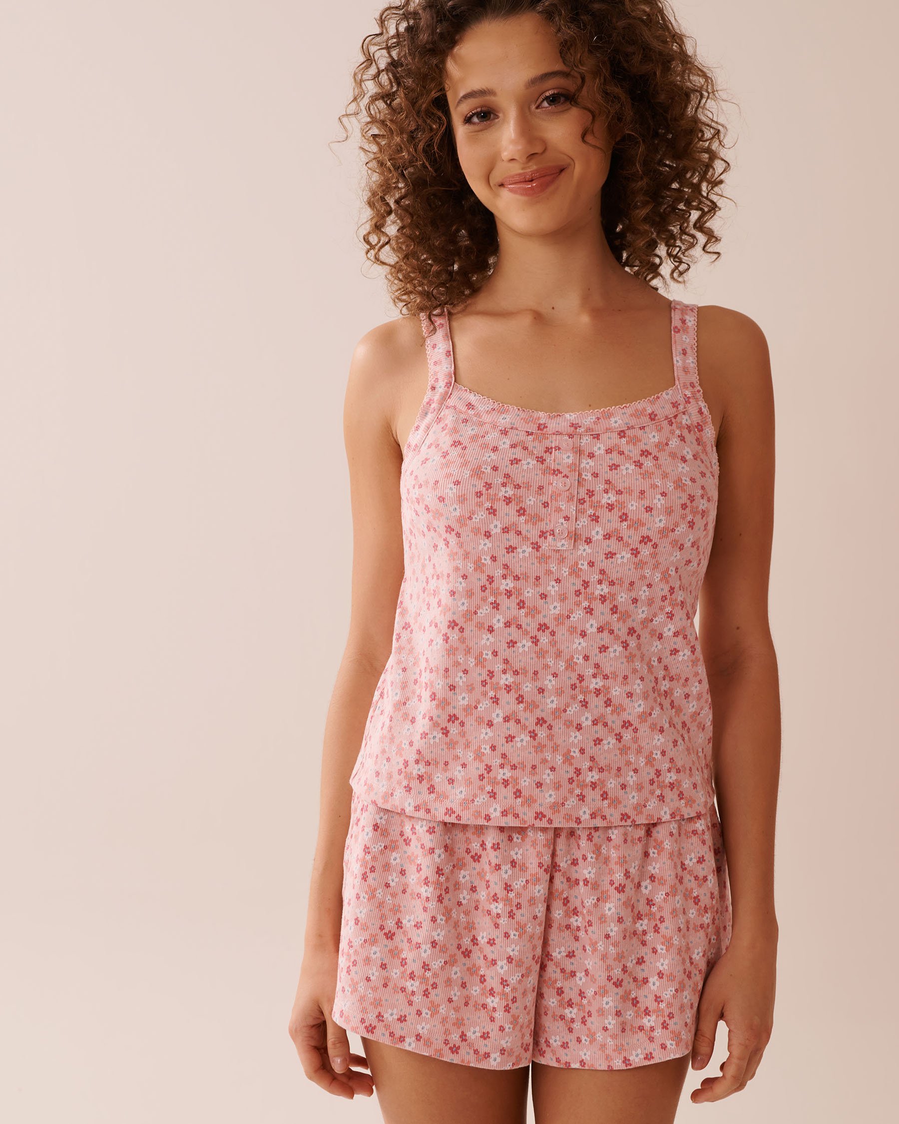 LA VIE EN ROSE Ditsy Floral Print Ribbed Cami with Shelf Bra Small Pink Flowers 40100730 - View1